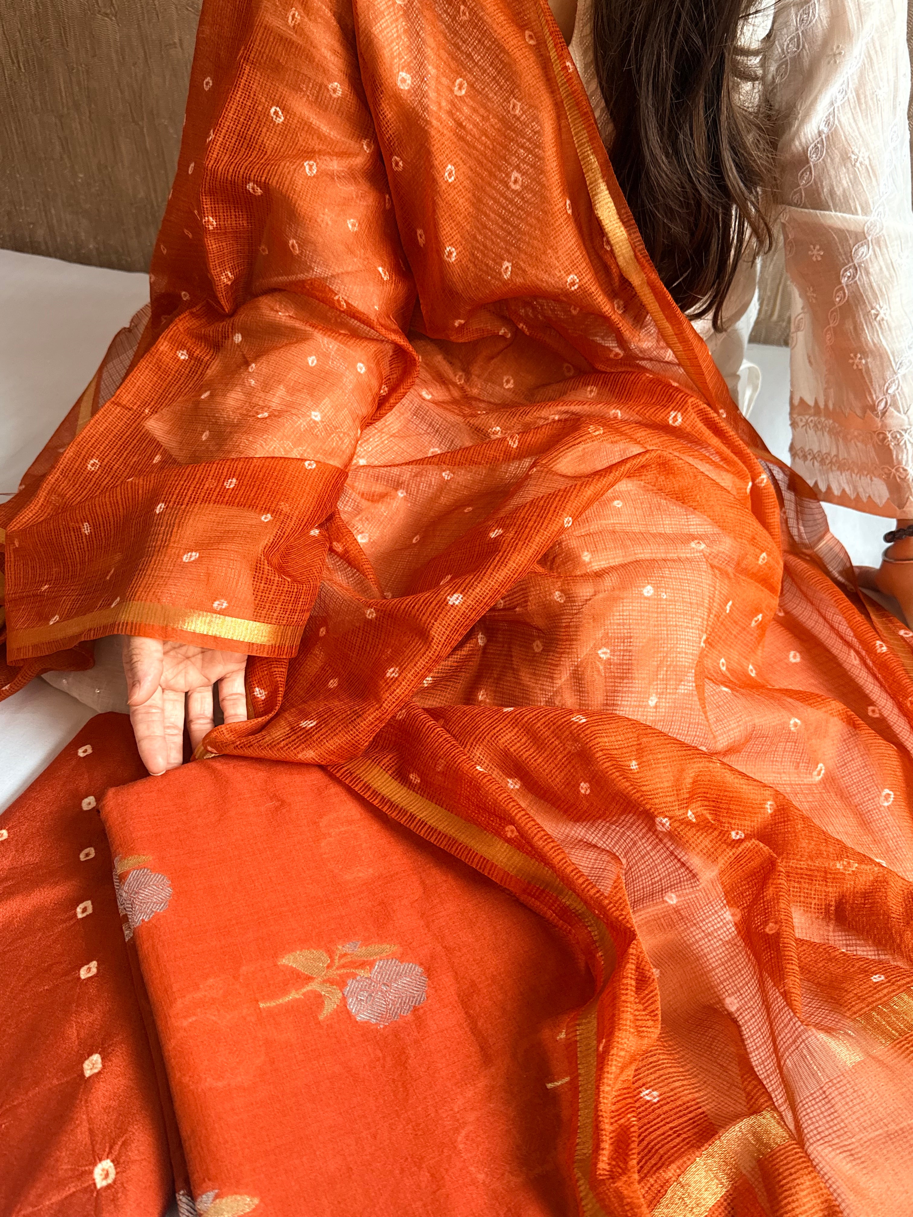Below 8k- Mul cotton handloom kurta paired with bandhej dyed kota silk duppata set