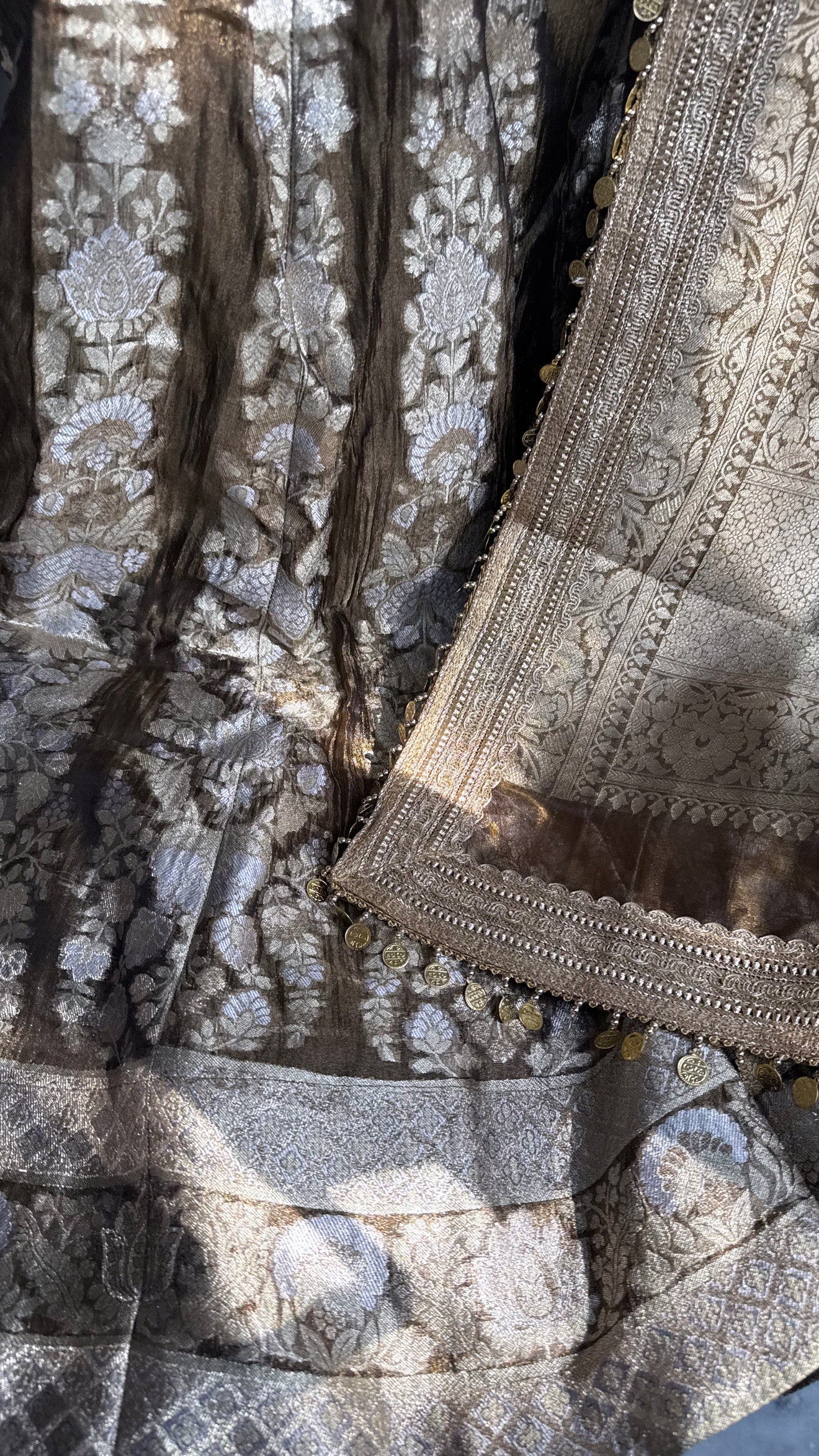 Antique gold tissue silk kali wala lehenga set