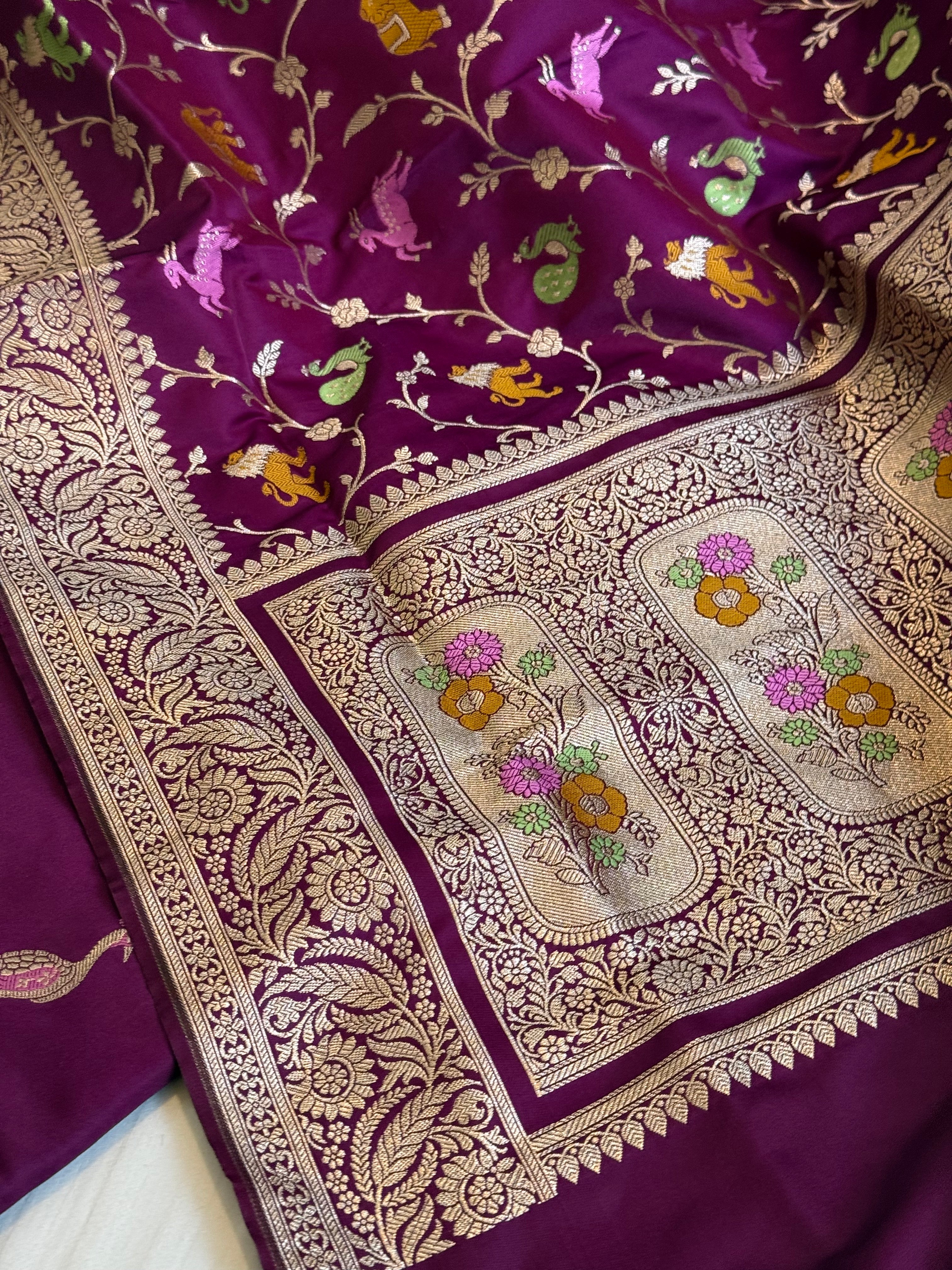Deep purple mashru satin silk shikargah motif Banarasi silk suit set