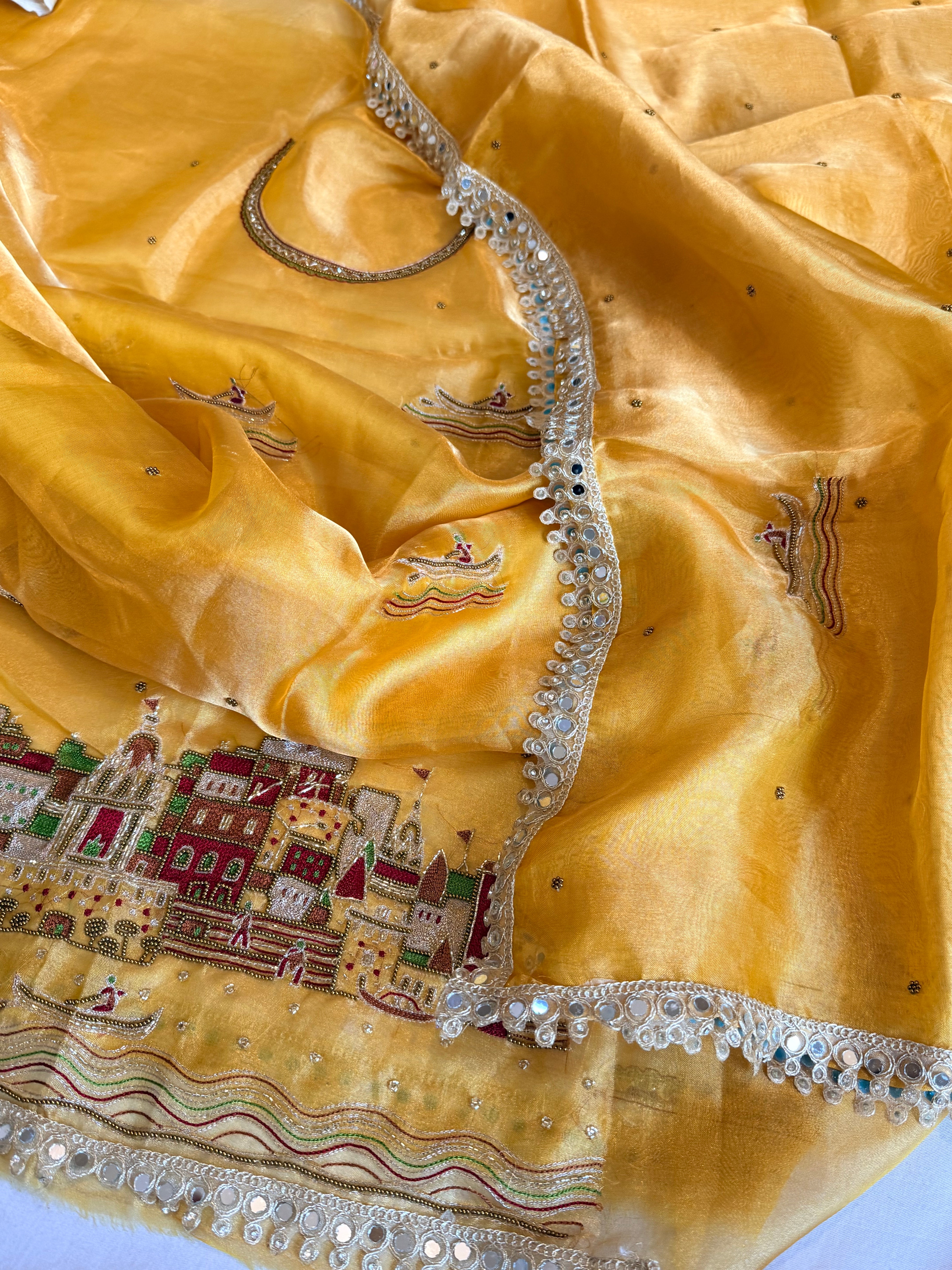 Ghat Banarasiya edit - Haldi yellow diamond tissue silk hand embroidered suit