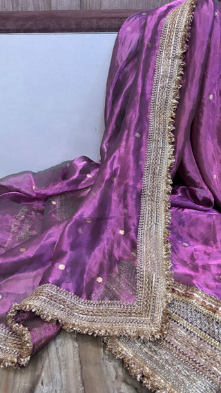 Mastani Metallic rose pink tissue silk kadhwa buti lehenga