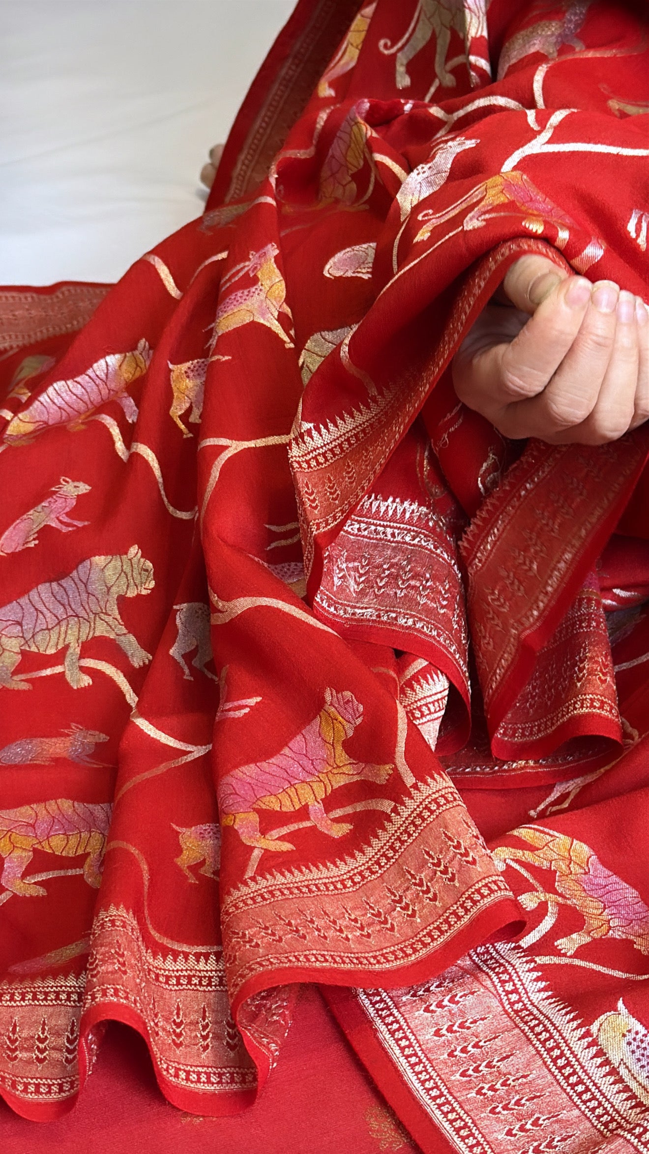 Tomato red moonga silk shikargah motif jaal work weaving suit set