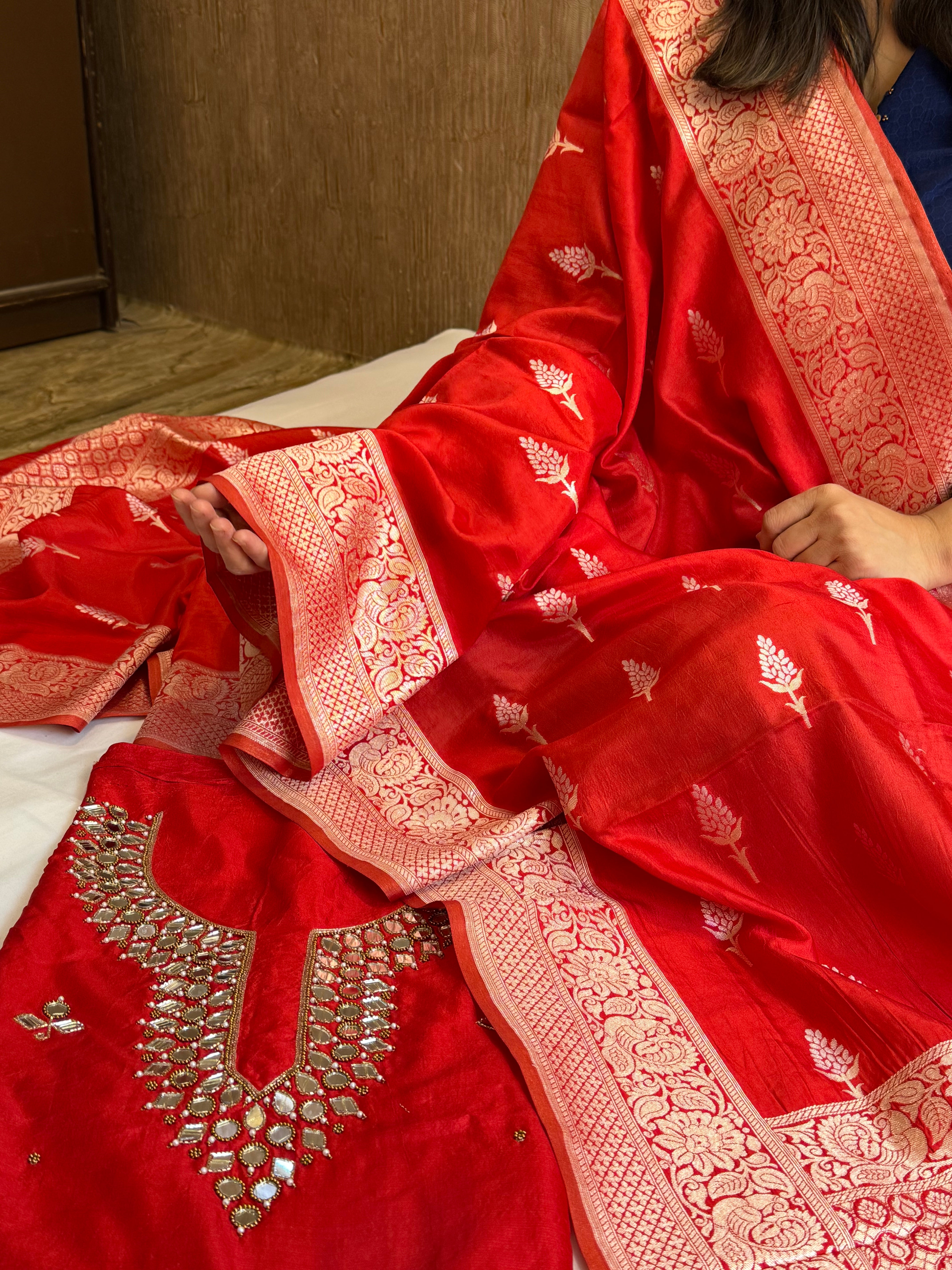 Sheesham blood red mirror work hand embroidered katan silk suit set