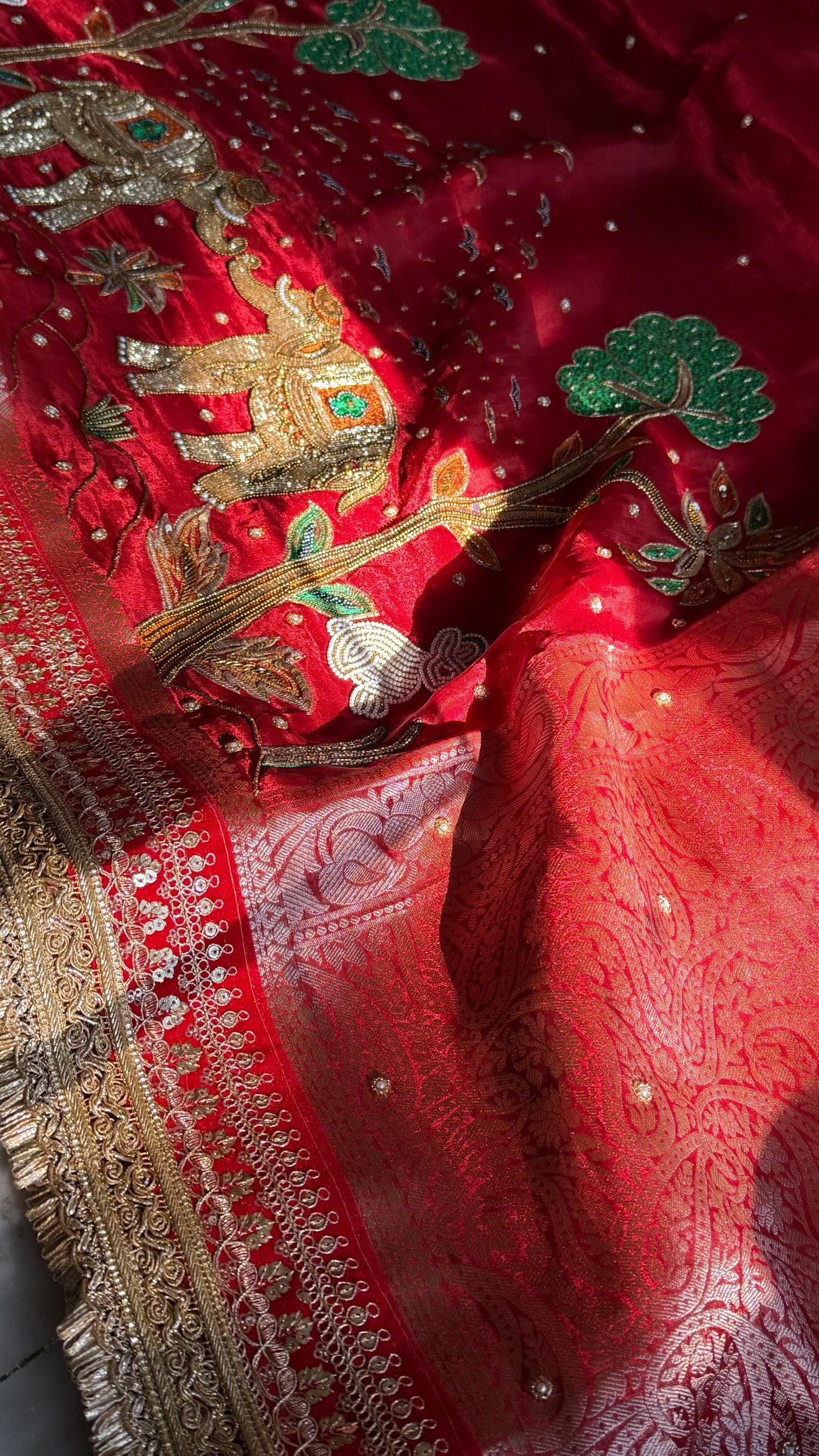 Teej special - Tomato blood red tissue silk elephant motif hand embroidered kadhwa saree