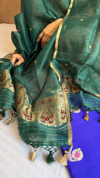 Banarasi chiniya silk green-blue contrast kadhwa suit set