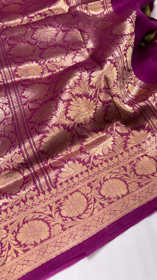 Pure banarasi magenta pink kora silk kadhwa saree with kadhwa handwoven buti