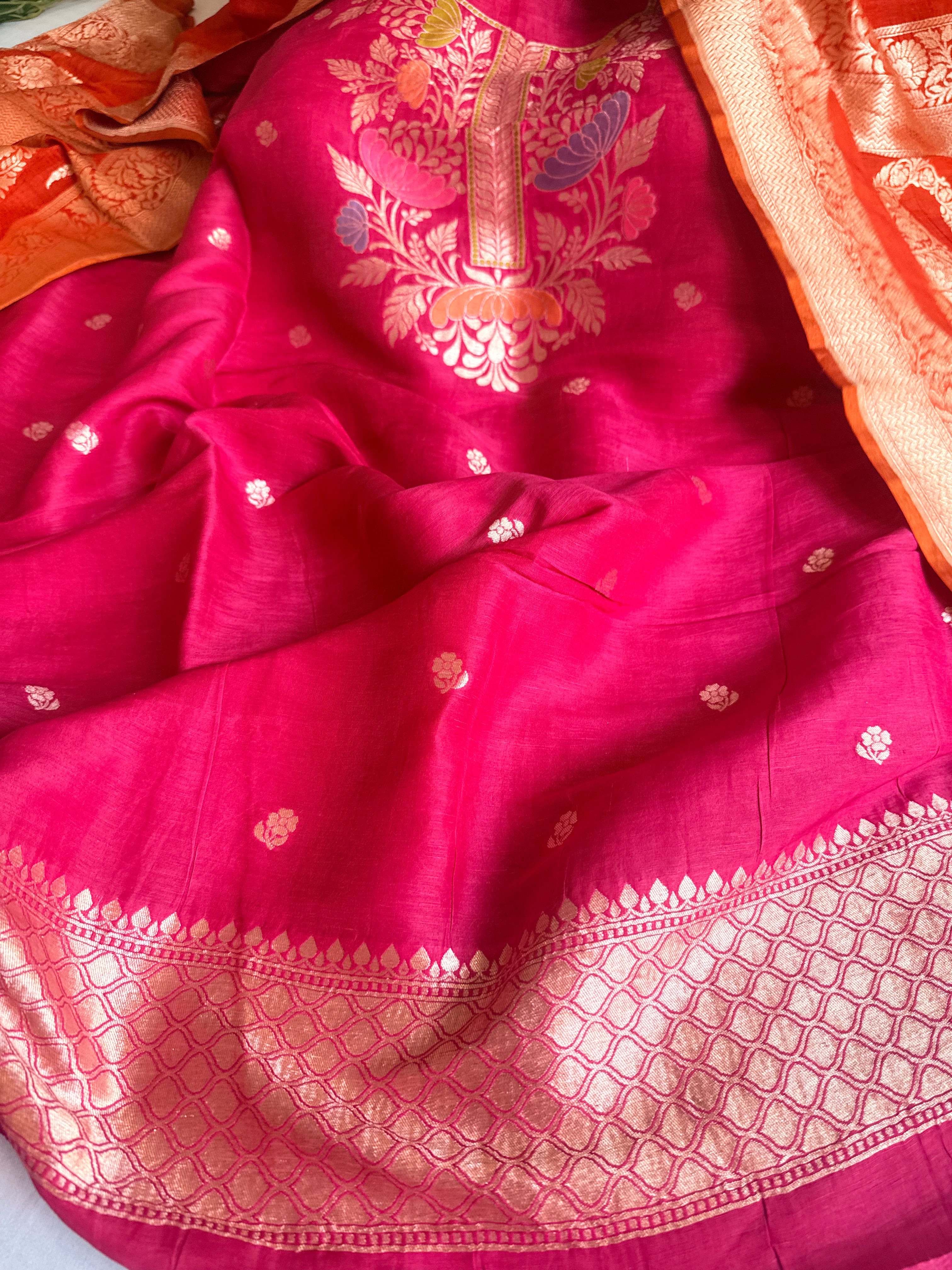 Banarasi linen gorgette neckwork weaving meenakari suit set