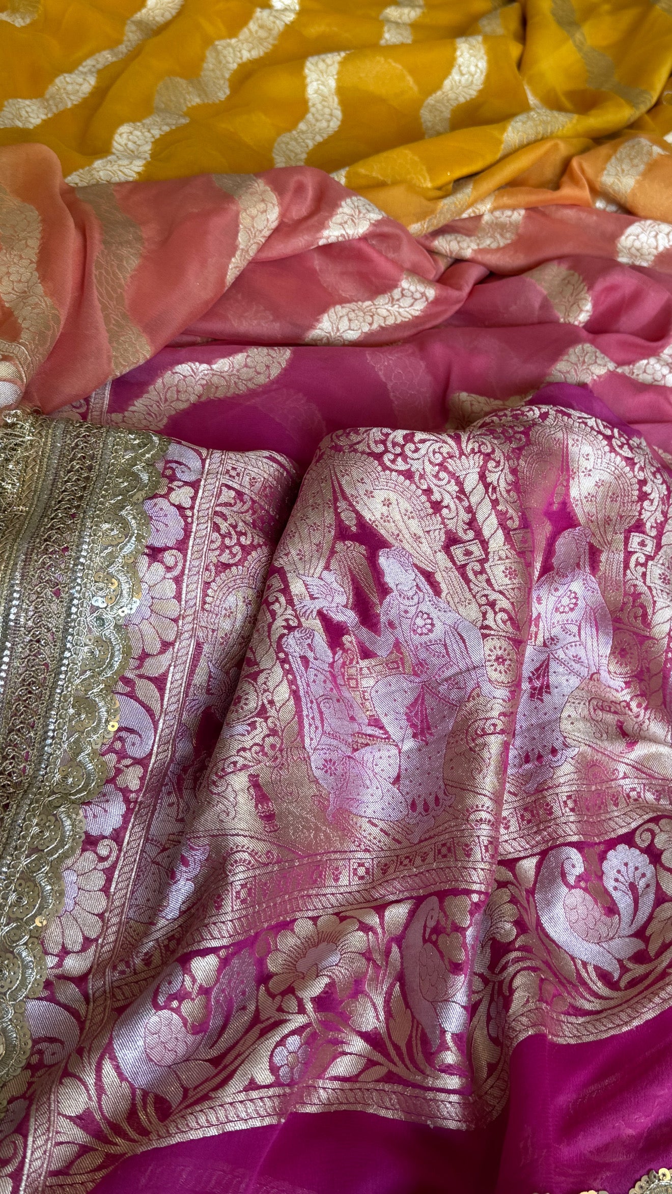 Gayatri devi inspired banarasi chiffon gorgette kadhwa shaded jungla saree