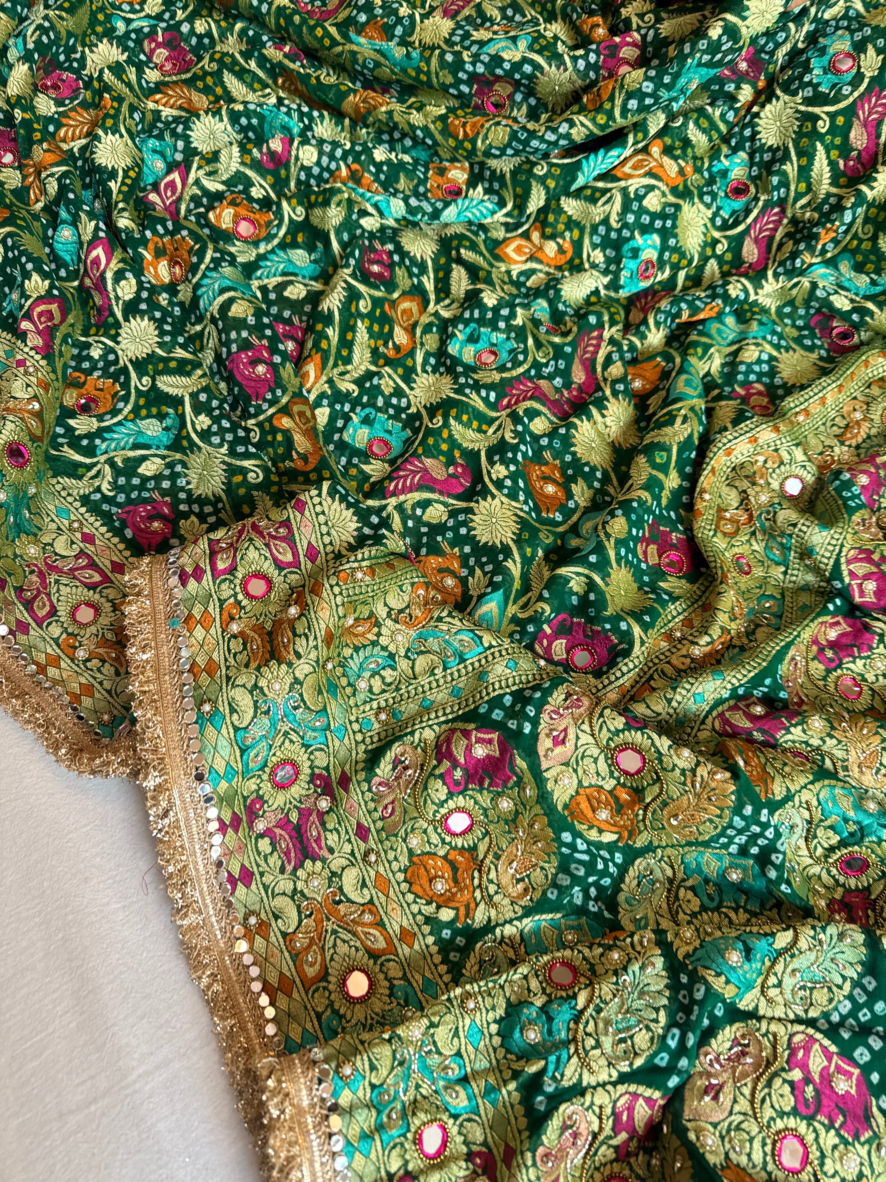 Banarasi chiffon gorgette rai bandhej kadhwa weaving hand embroidered saree