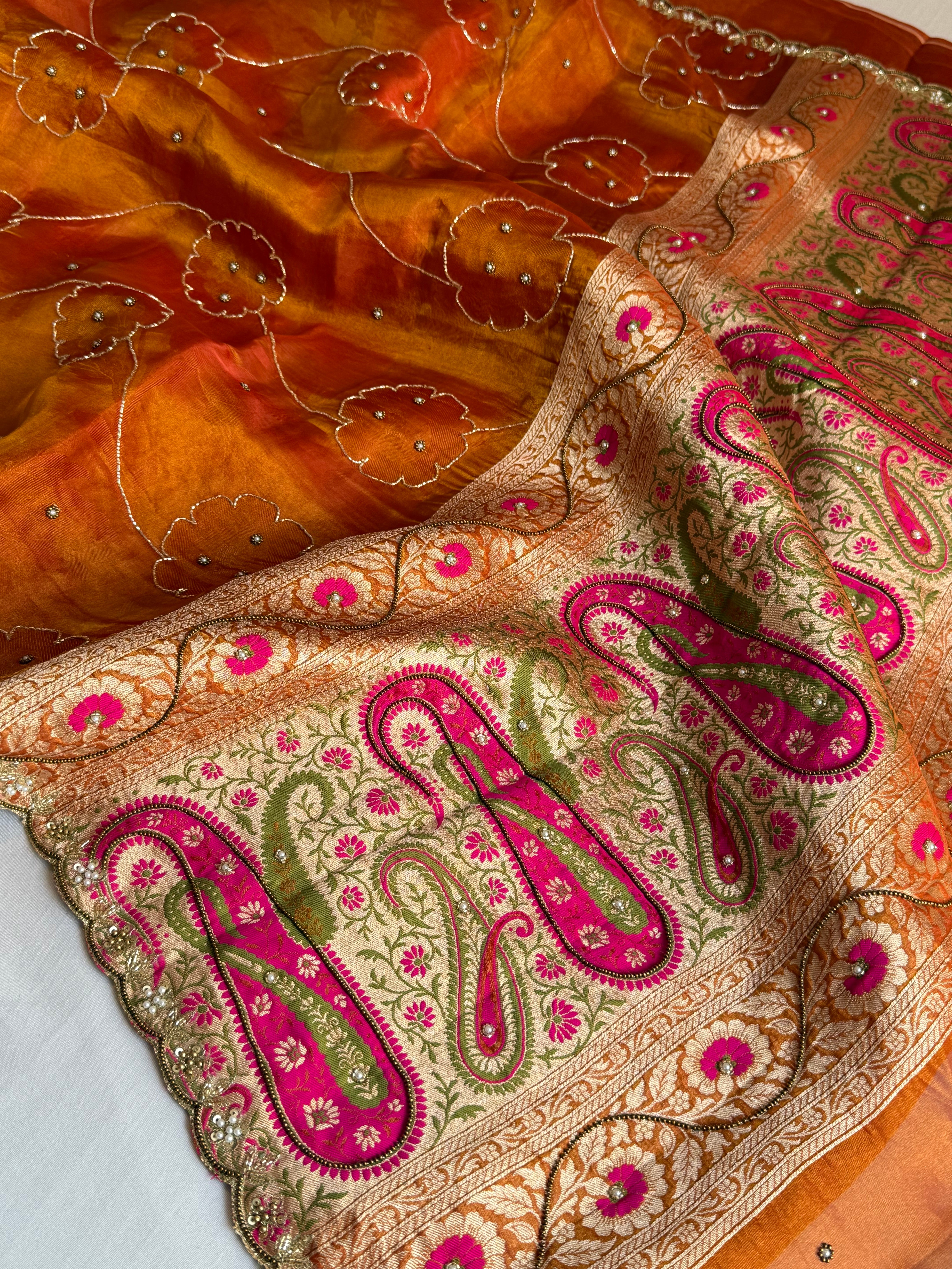 Fanta orange tissue tanchoi meenakari jamevar pallu hand embroidered saree
