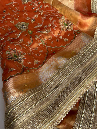 Mughal motif inspired- Fanta orange dhup chao effect husn tissue silk hand embroidered kadhwa saree
