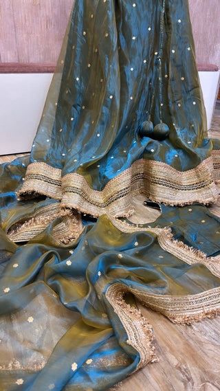 Mastani coral blue-olive tissue silk kadhwa buti dhup chao effect lehenga set