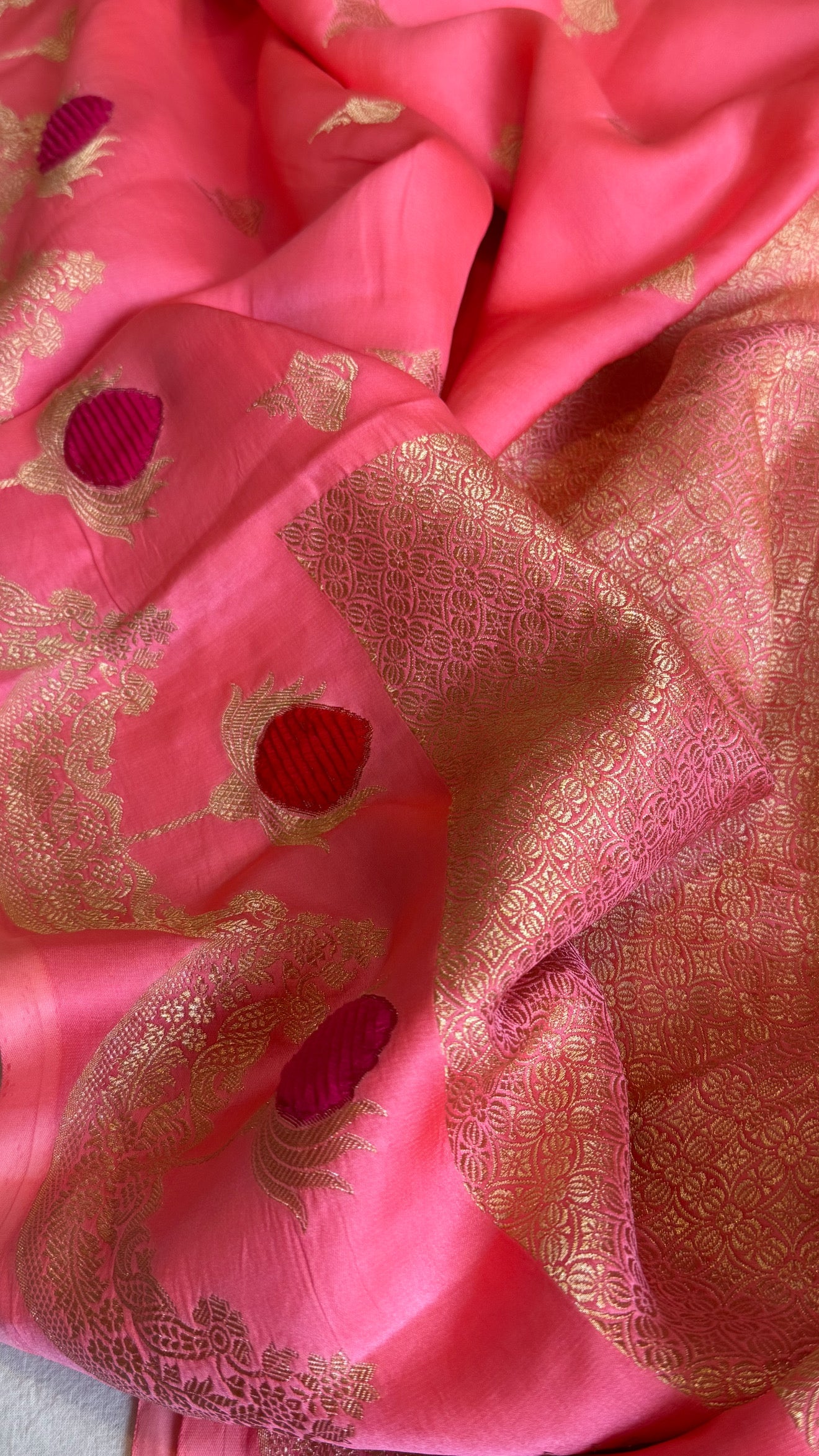 Banarasi peachy pink mashru silk heavy weaving kadhwa velvet hand embroidered saree