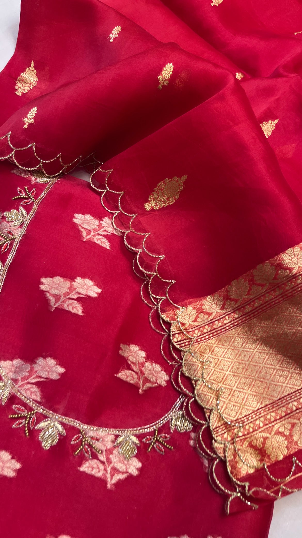 Heeramandi red kora silk hand embroidered kadhwa suit set