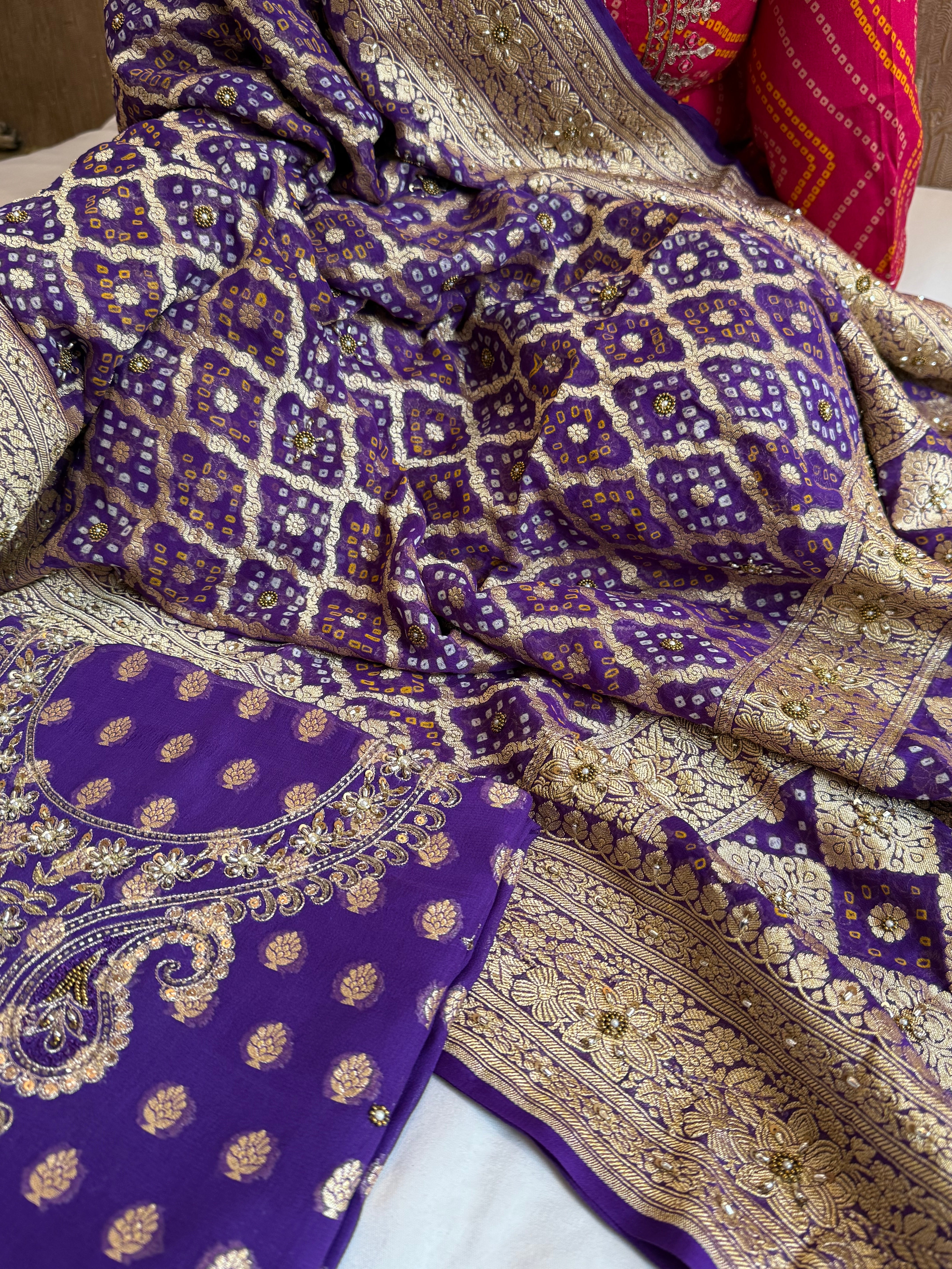 Deep purple rai bandhej Banarasi gorgette kadhwa hand embroidered suit set