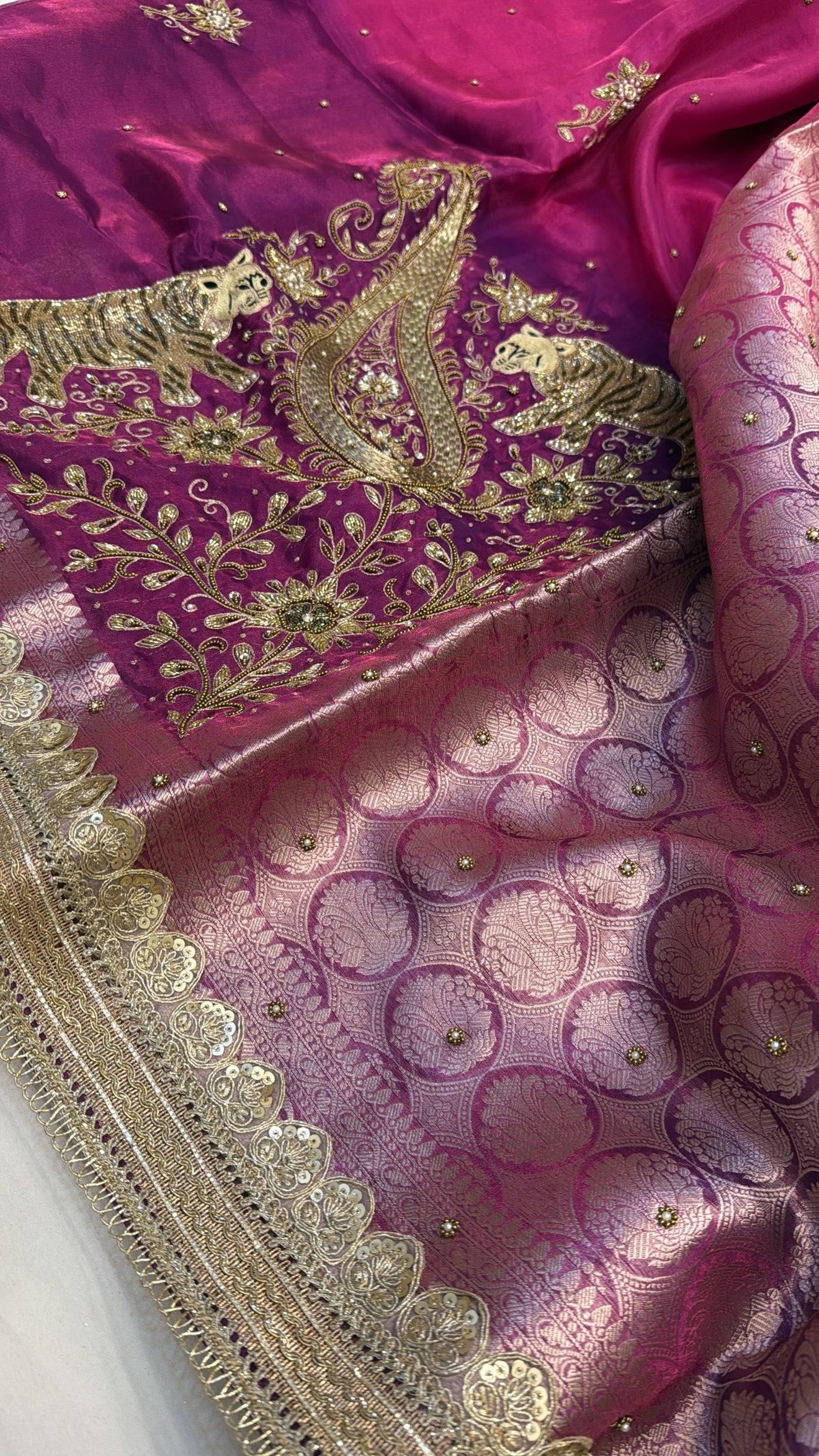 Magenta pink husn cheetah work hand embroidered tissue silk kadhwa saree