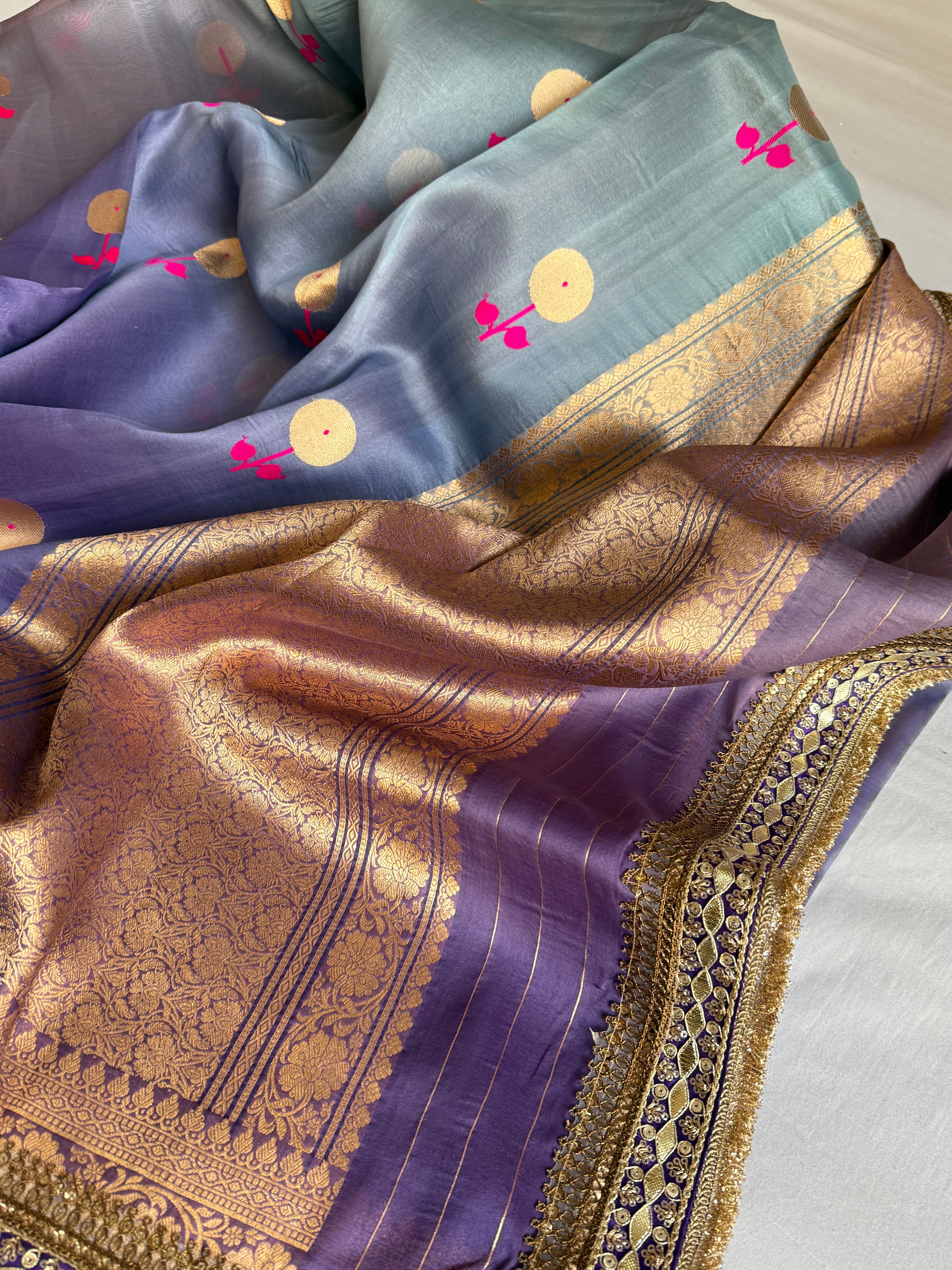 Rang-birangi banarasi kora silk multicoloured shaded kadhwa saree