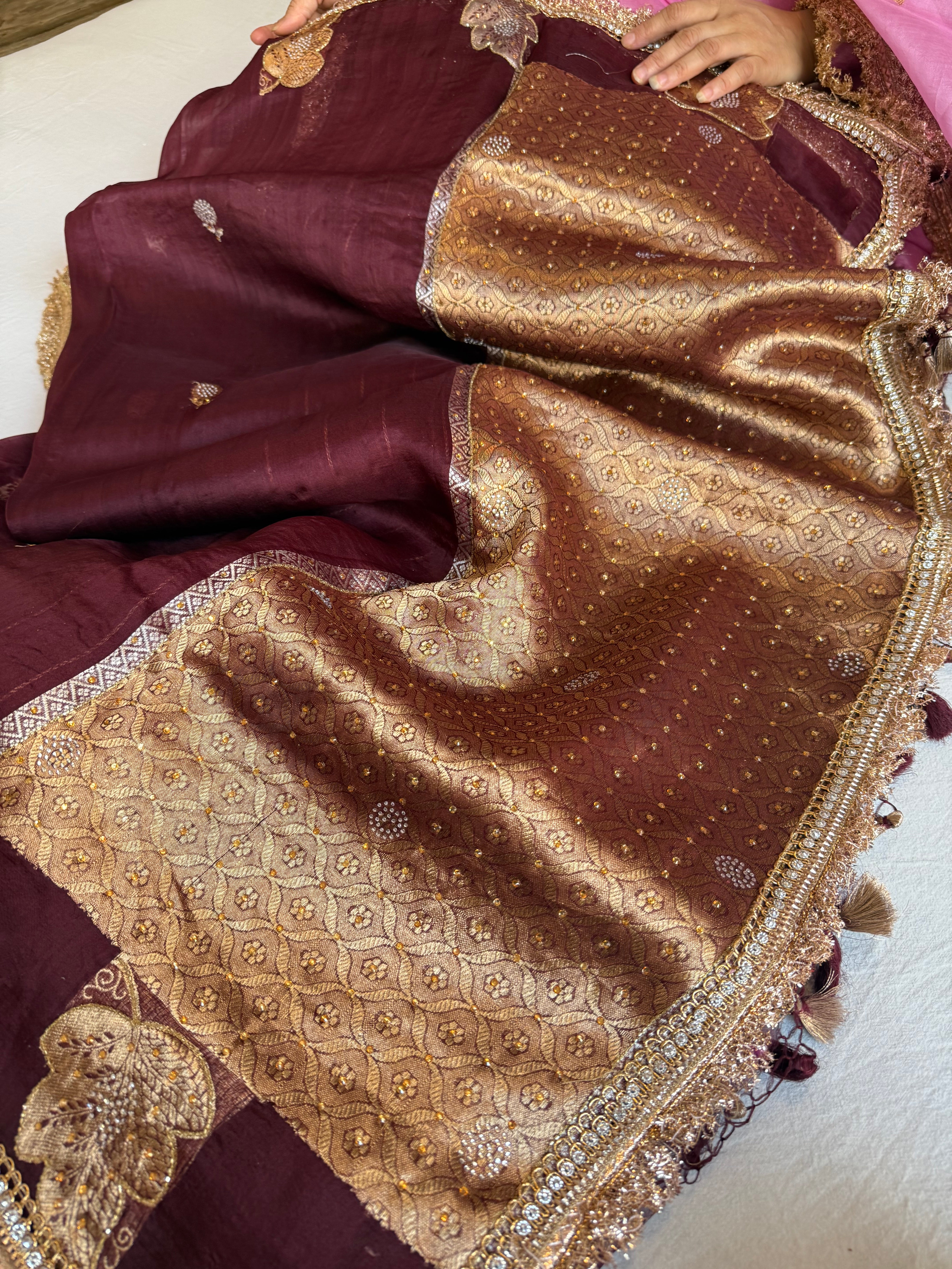 Deep plum banarasi kora silk heavy sitara stonework kadhwa gotapatti saree