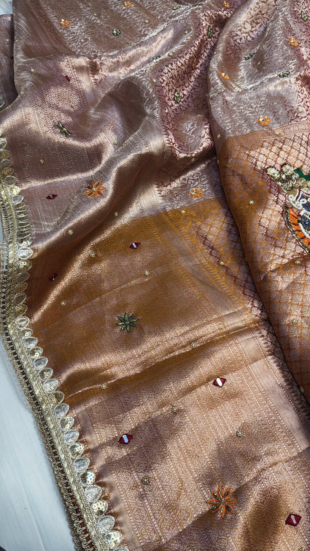 Wedding edit - Husn Soft orange tissue silk brocade shreenathji motif hand embroidered saree
