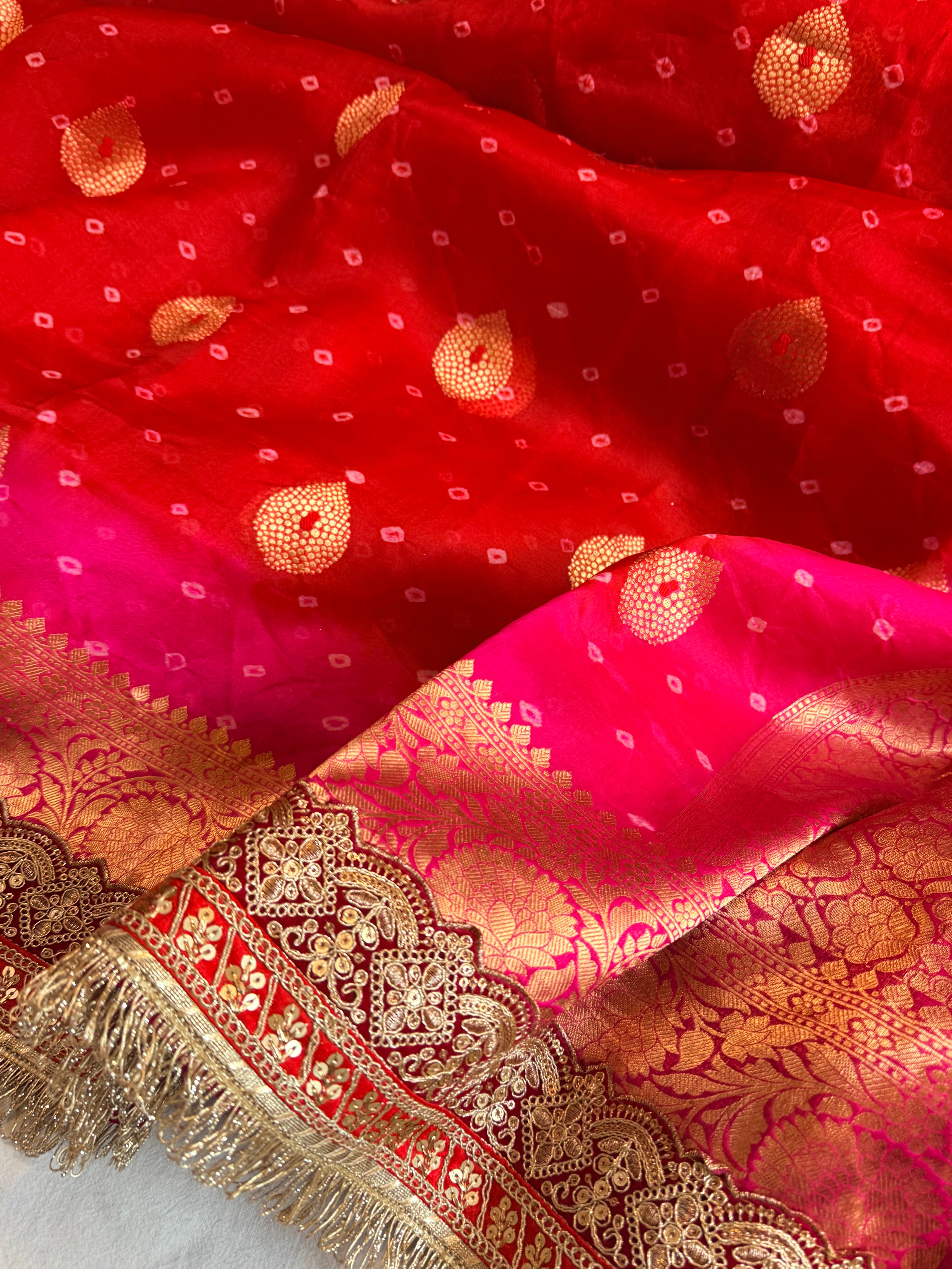 Mayra wali saree - Kora silk bandhej work meenakari gotapatti saree