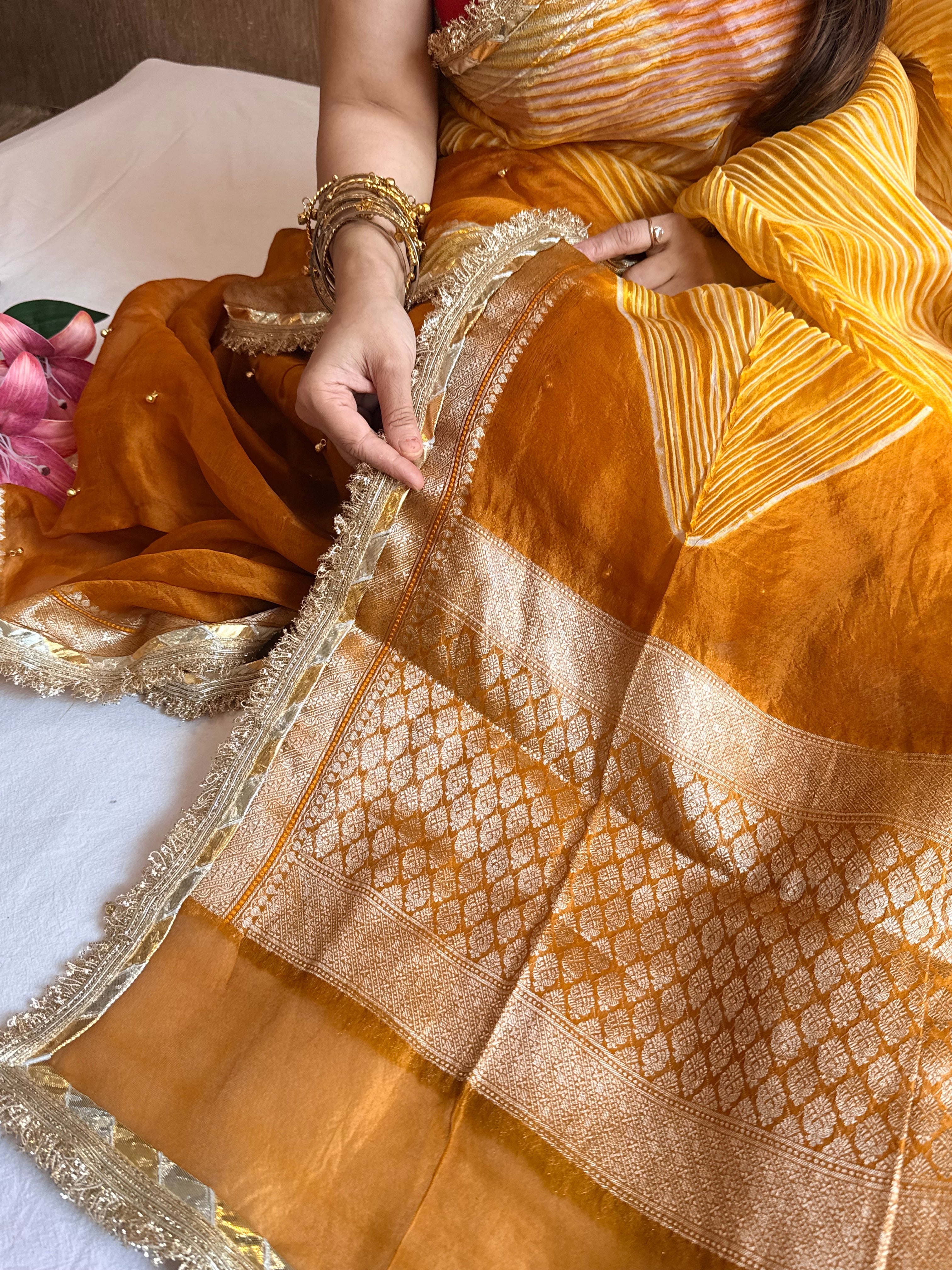Arshi dye ghungro work kora silk banarasi kadhwa weaving saree