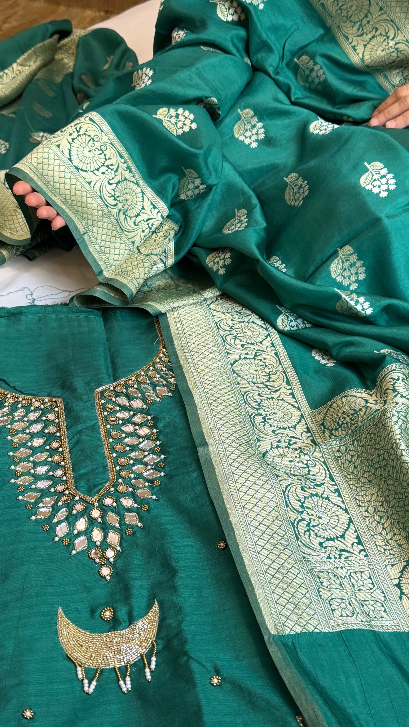 Sheesham bottle green mirror work katan silk hand embroidered kadhwa suit set