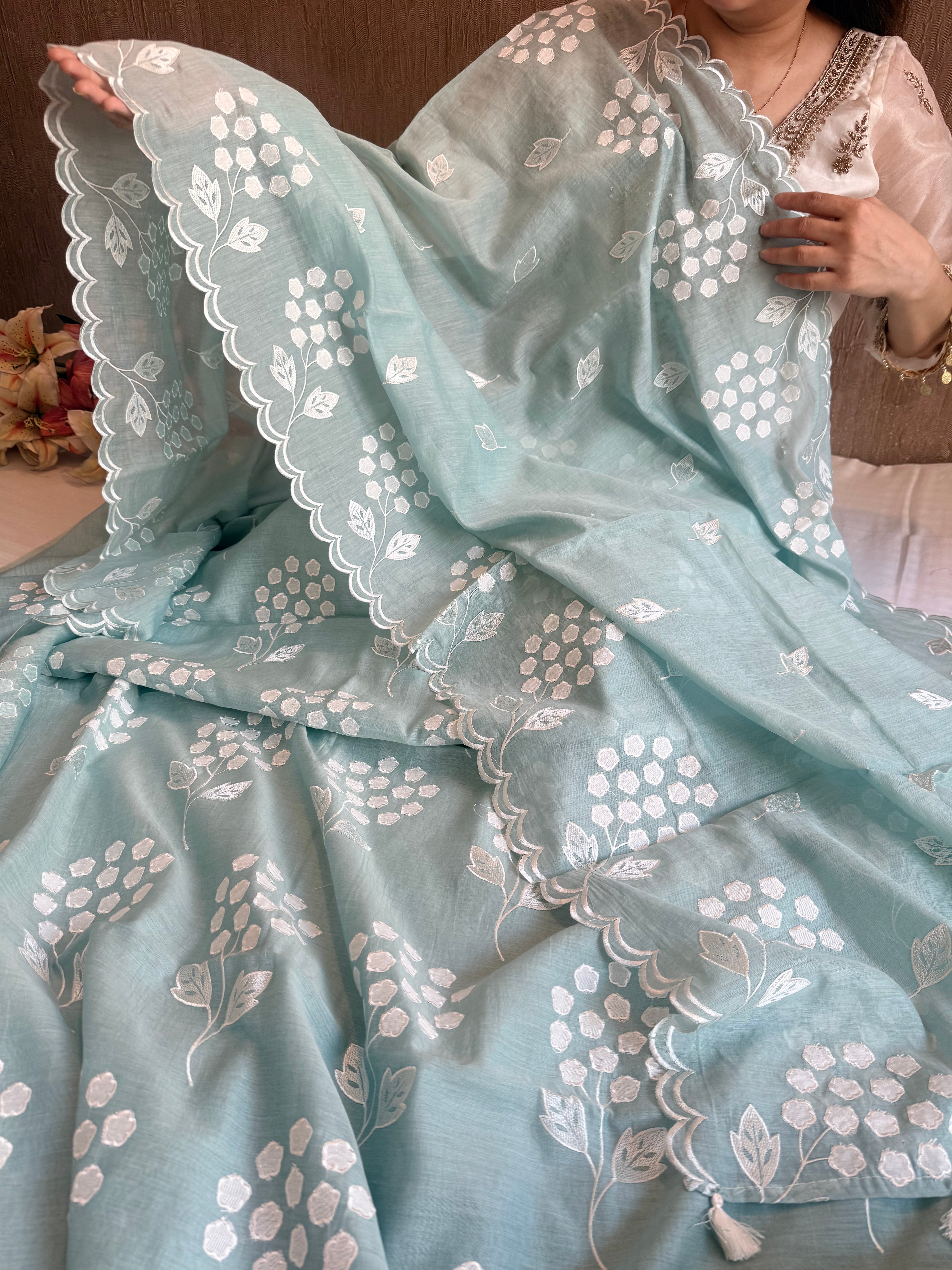 Alia bhatt inspired blush blue pink mulmul appliqué work suit set