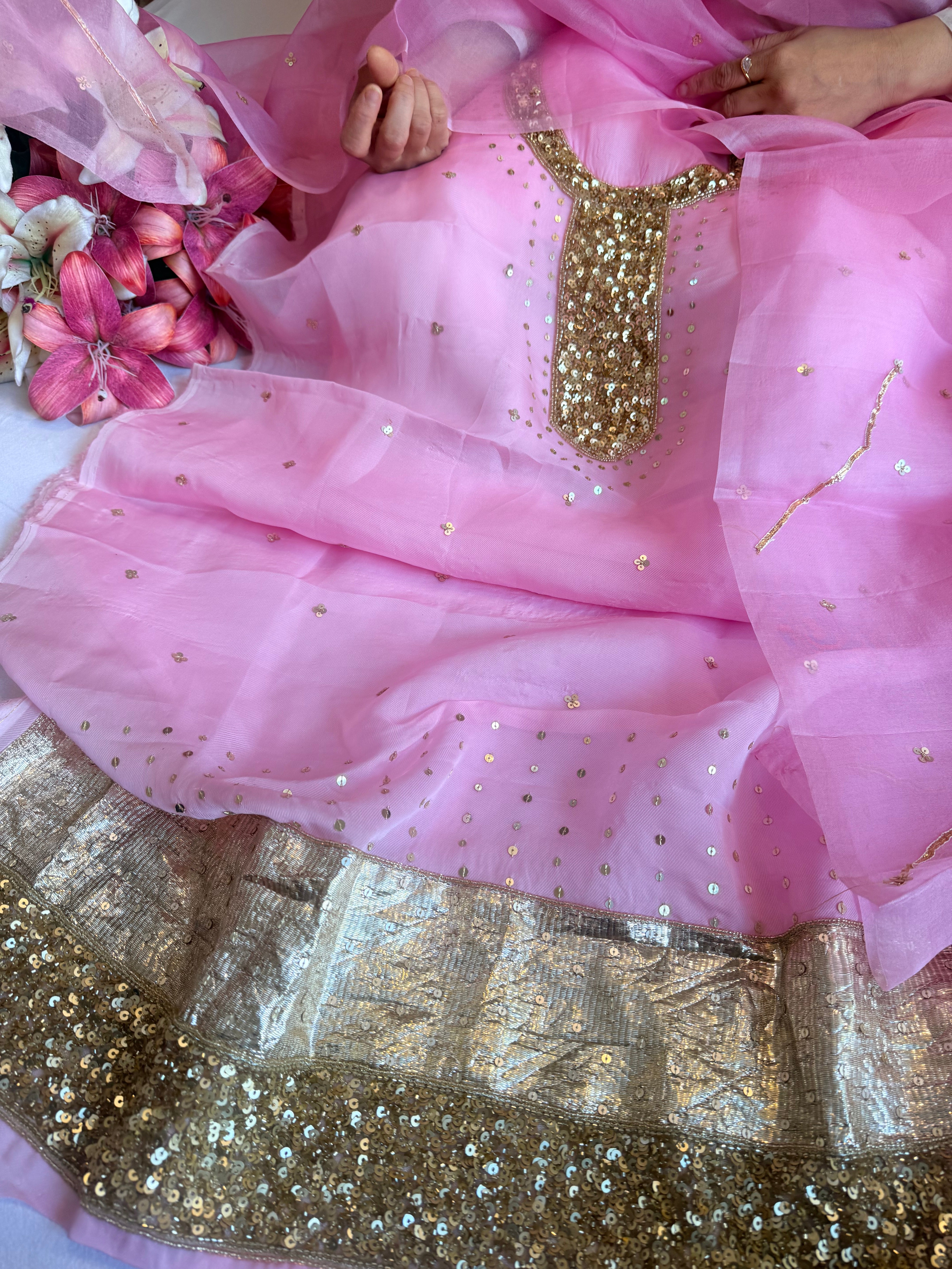 Blush lotus pink kora silk hand embroidered kadhwa suit set