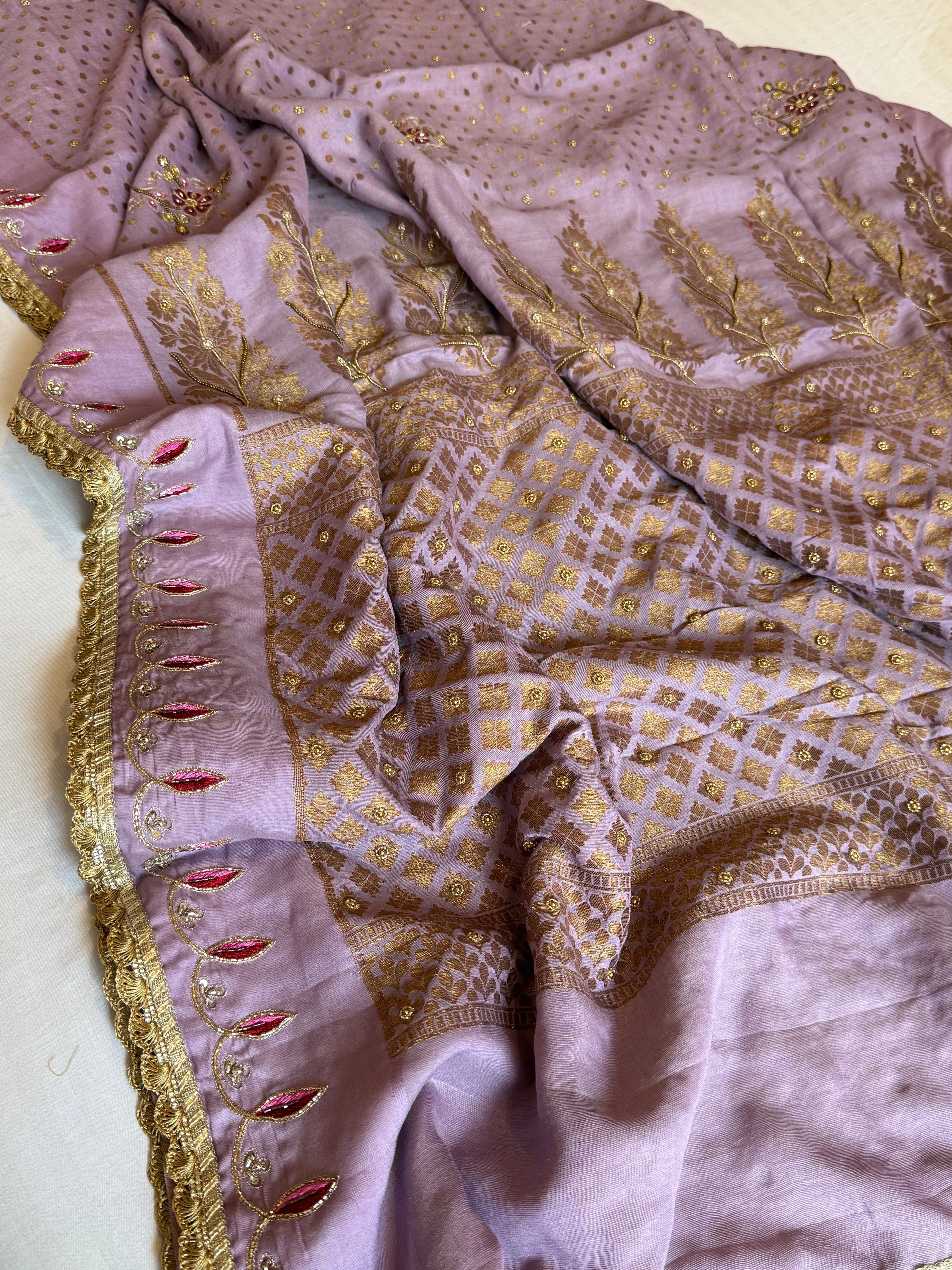 Dusty lilac moonga silk antique zari hand embroidered kadhwa saree