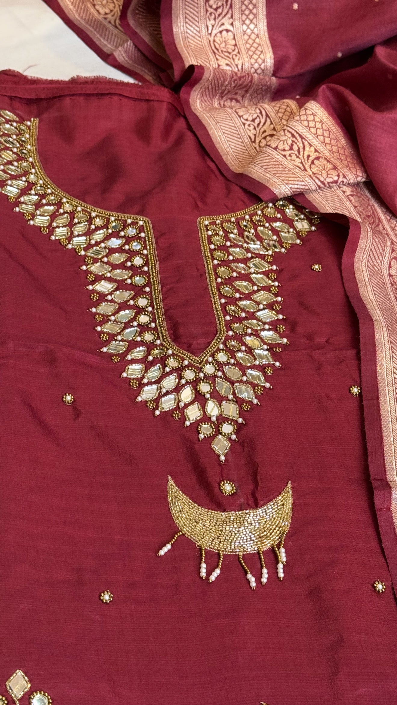Sheesham maroon mirror work katan silk kadhwa hand embroidered suit set
