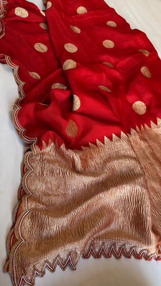 Mastani edit - Blood red moonga silk scalloped hand embroidered kadhwa saree