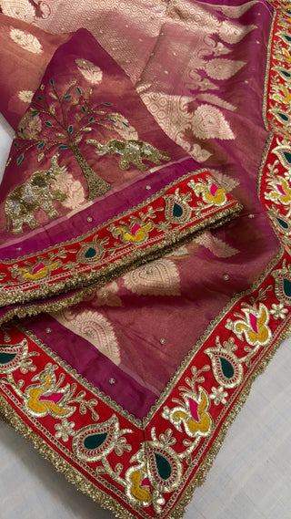 Husn shikargah edit rani pink tissue silk hand embroidered elephant motif saree