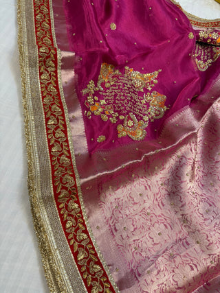 Cocktail edit sarees - Rani pink “gayatri mantra” tissue silk hand embroidered saree