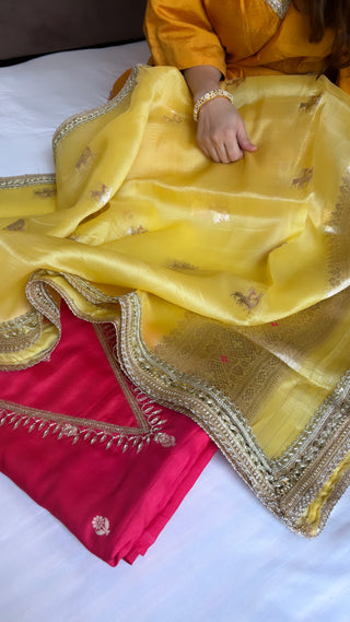 blood red-golden yellow kadhwa hand embroidered suit set from vyaah wala ghar edit