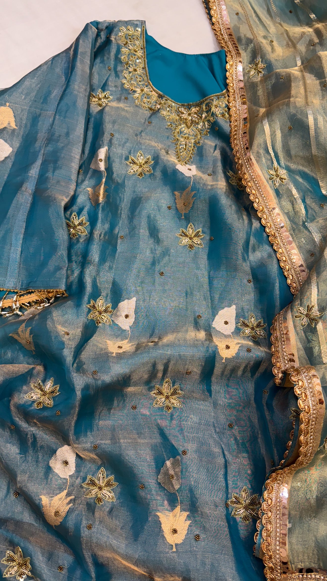 Dulhan ka joda - Water blue tissue silk heavy hand embroidered kadhwa gotapatti suit set