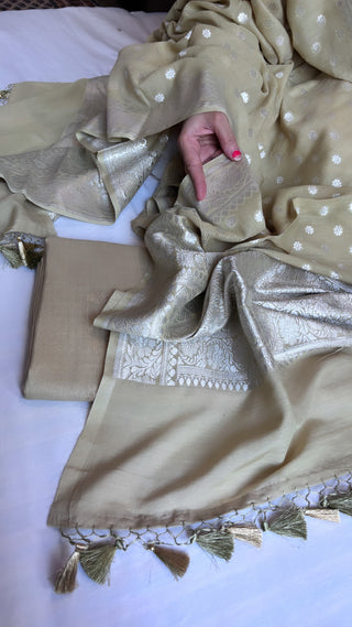 Pale olive green moonga silk kohniya buti kadhwa suit set