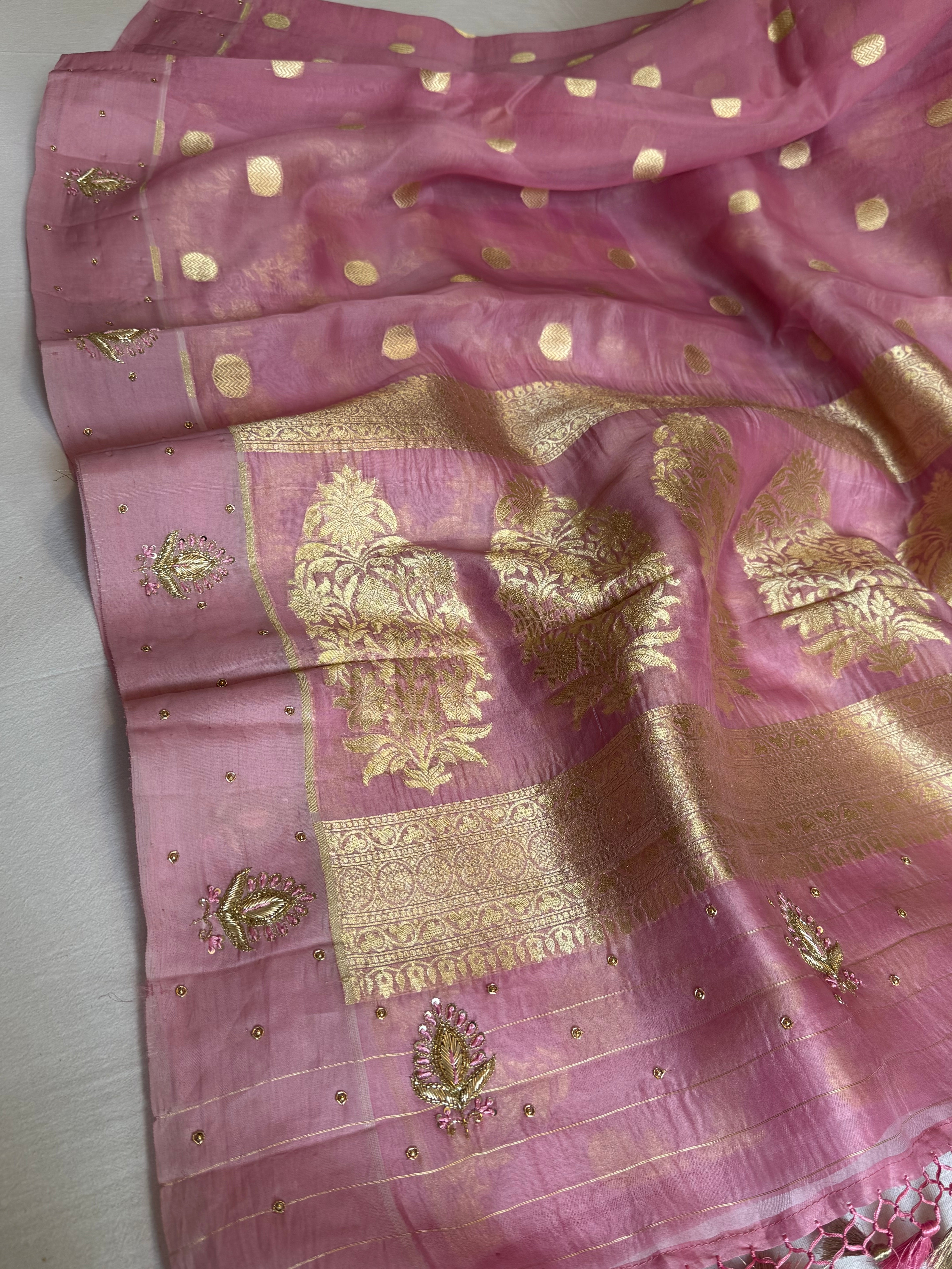 Blush pink banarasi kora silk kadhwa hand embroidered