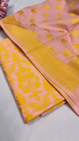 Pure banarasi pink - yellow cotton resham meenedar suit set.