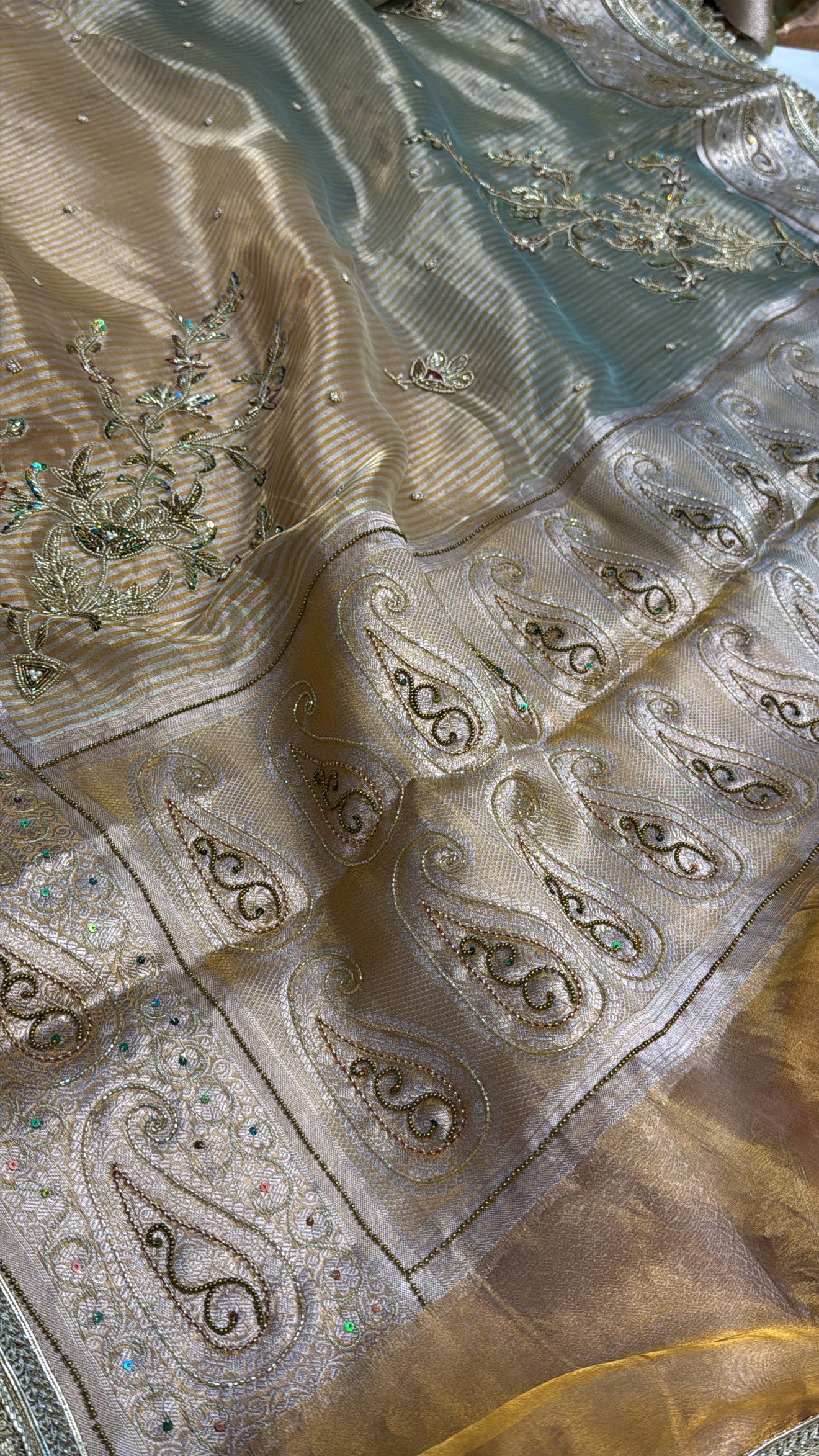 Beige-blue ombre shaded tissue silk hand embroidered saree