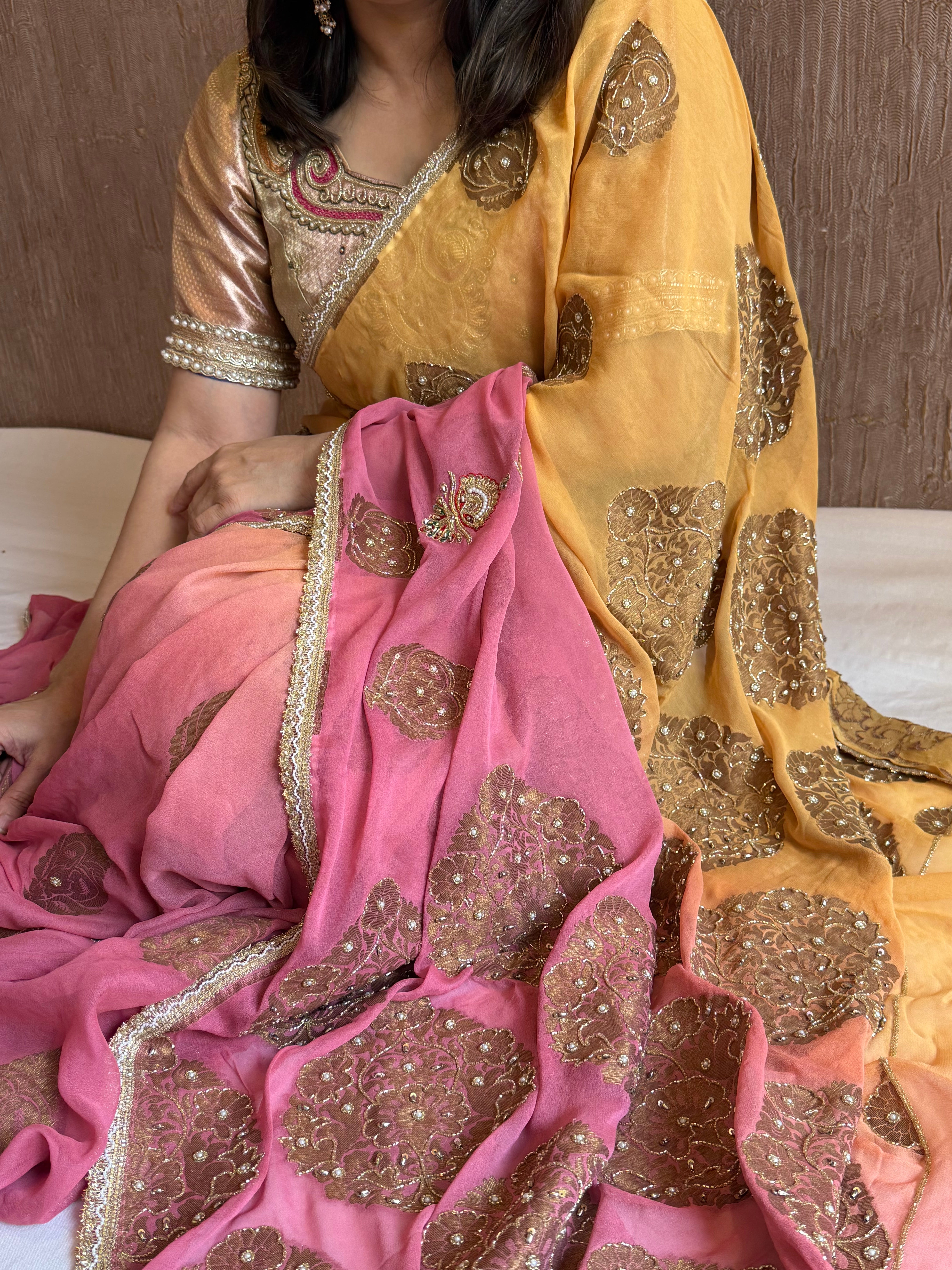 Haldi yellow and pink gorgette banarasi hand embroidered antique zari kadhwa saree