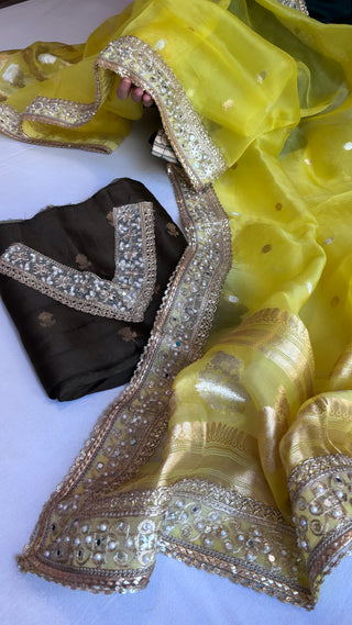 Banarasi kora silk olive gold-yellow gotapatti suit sets