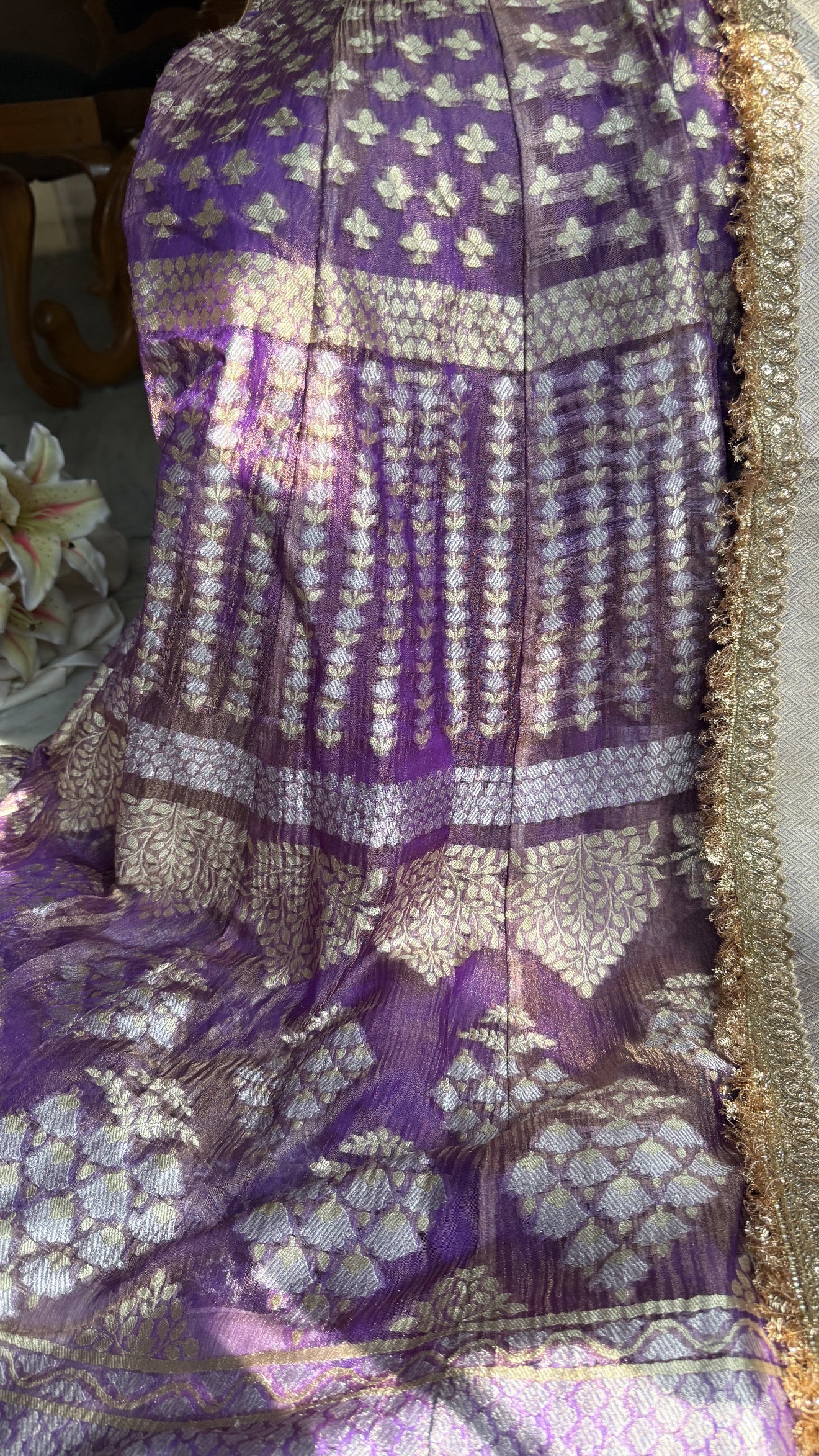 Lavender tissue silk heavy kali wala lehenga set