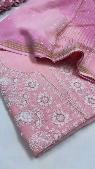 Pure Banarasi blush pink handloom premium cotton kadhwa lucknowi chikankari hand embroidered suit set with intricately hand embroidered motifs and ombre shaded duppata set