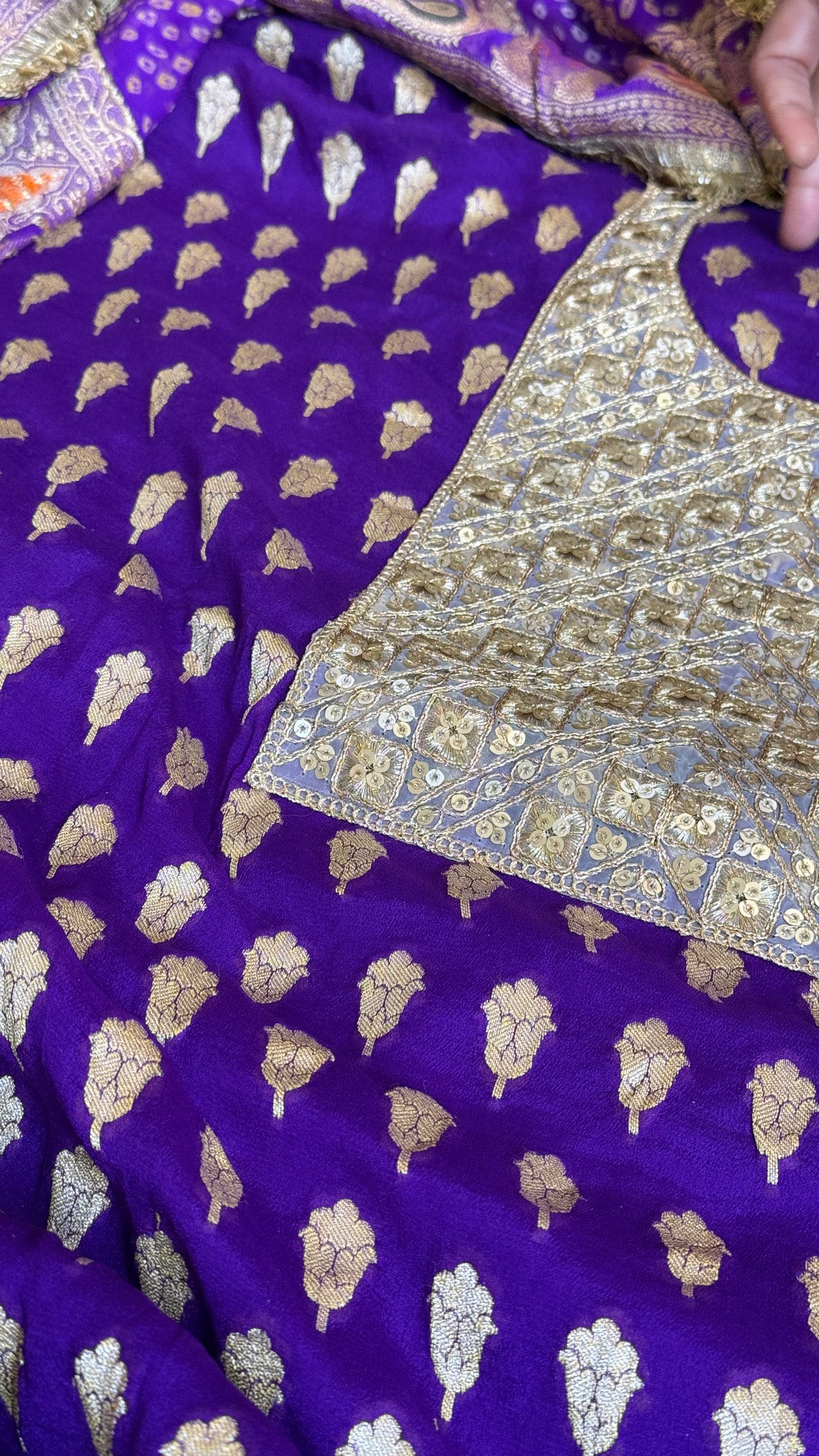 Purple rai bandhej banarasi gorgette kadhwa suit set