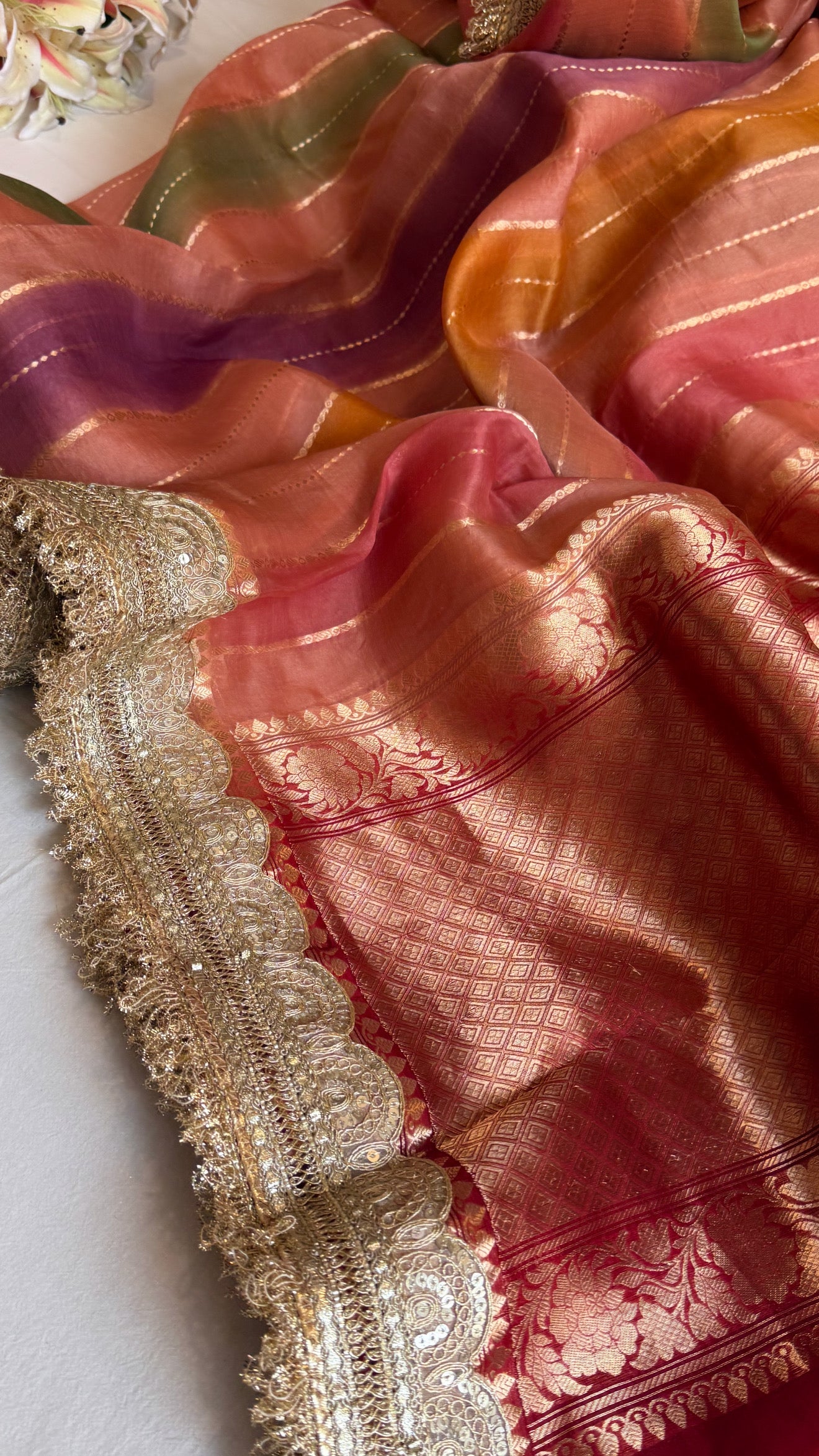 Rangeela kora silk rangkaat dye striped kadhwa banarasi saree