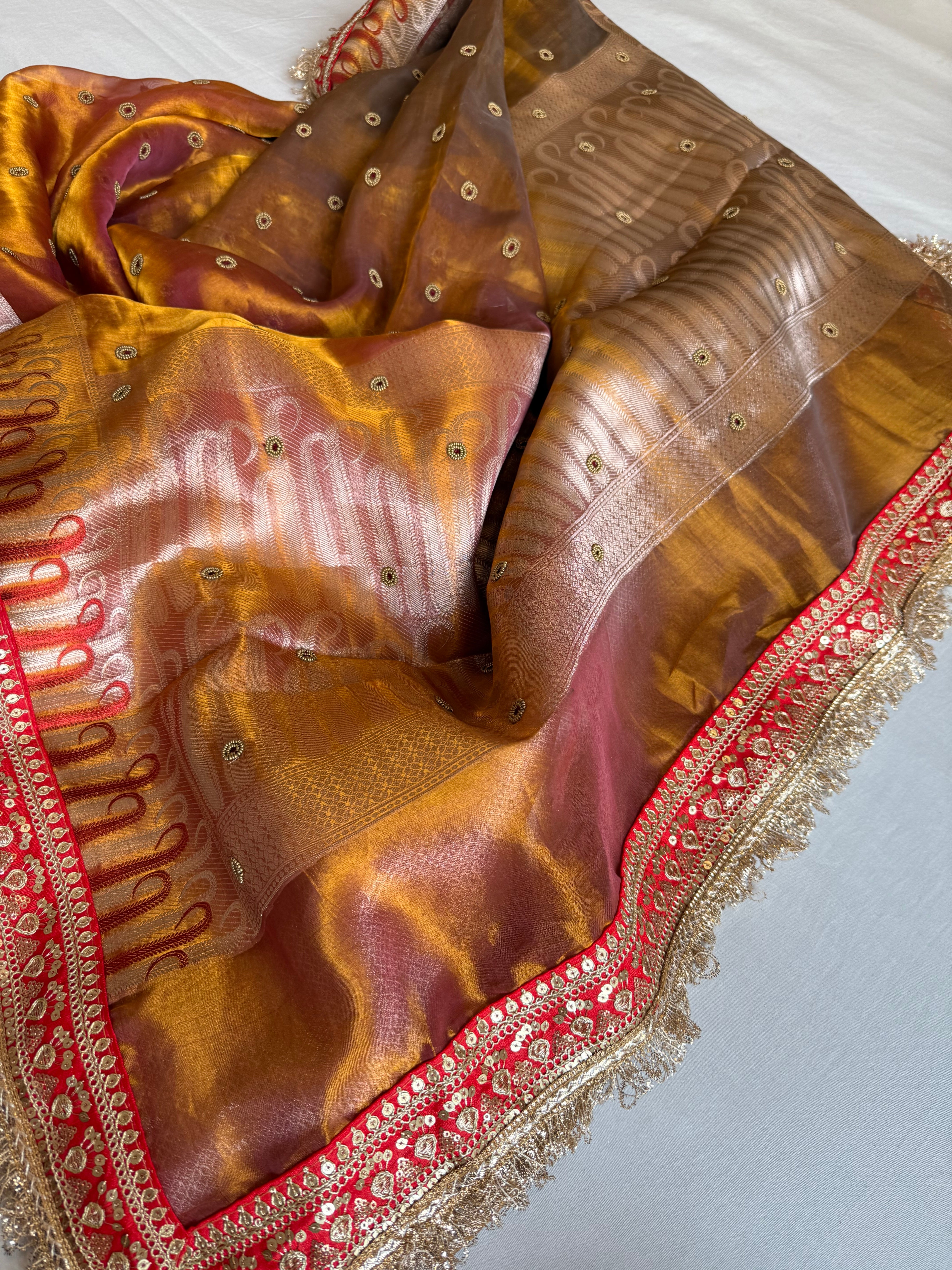 Kanjivaram gold tissue silk red meenakari hand embroidered kadhwa saree