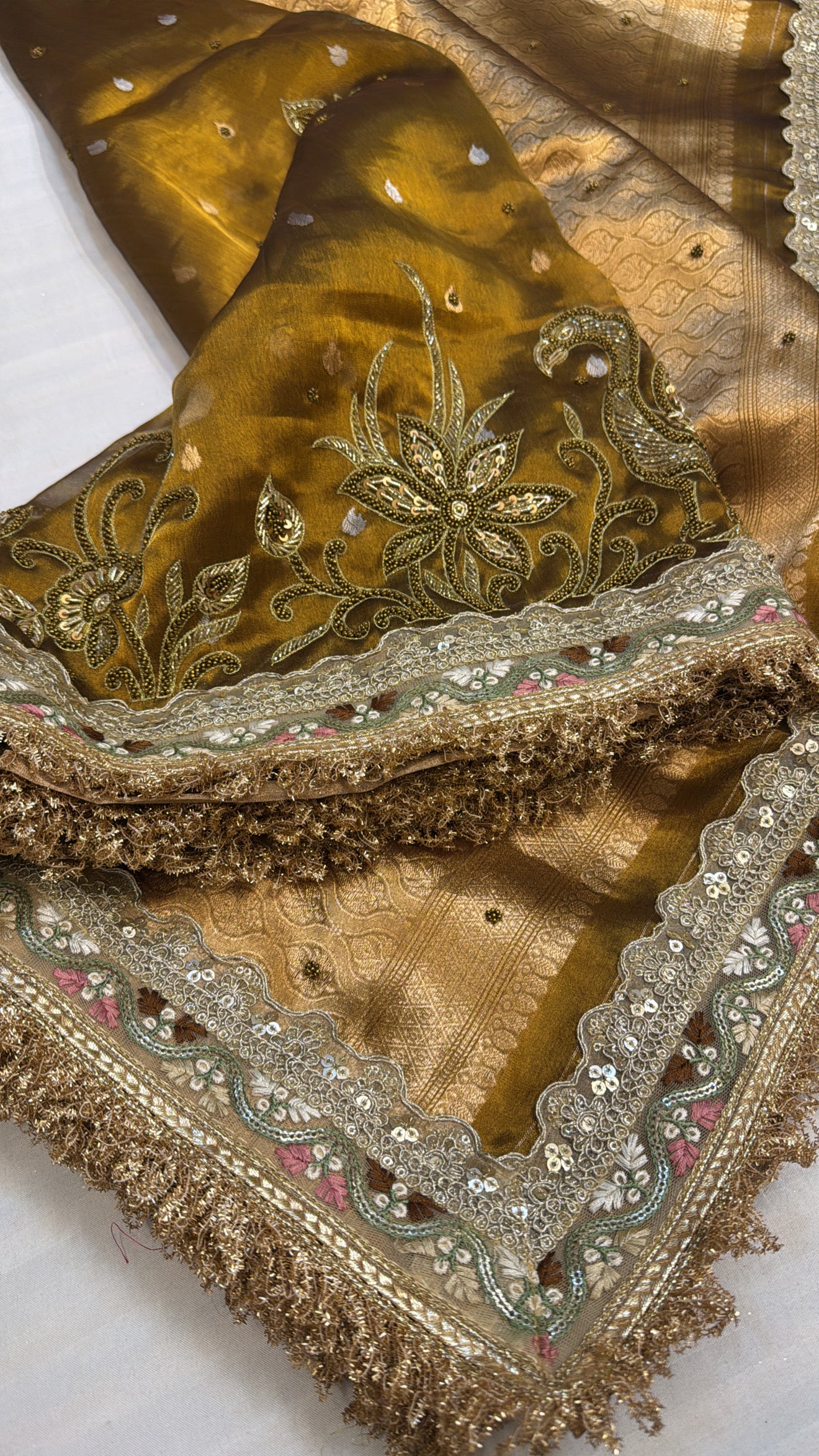 Dulhan wali saree - Antique gold tissue silk hand embroidered saree