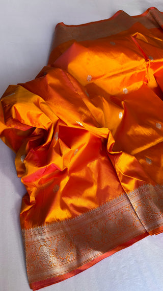 Banarasi deep fanta orange katan kadhwa silk suit set