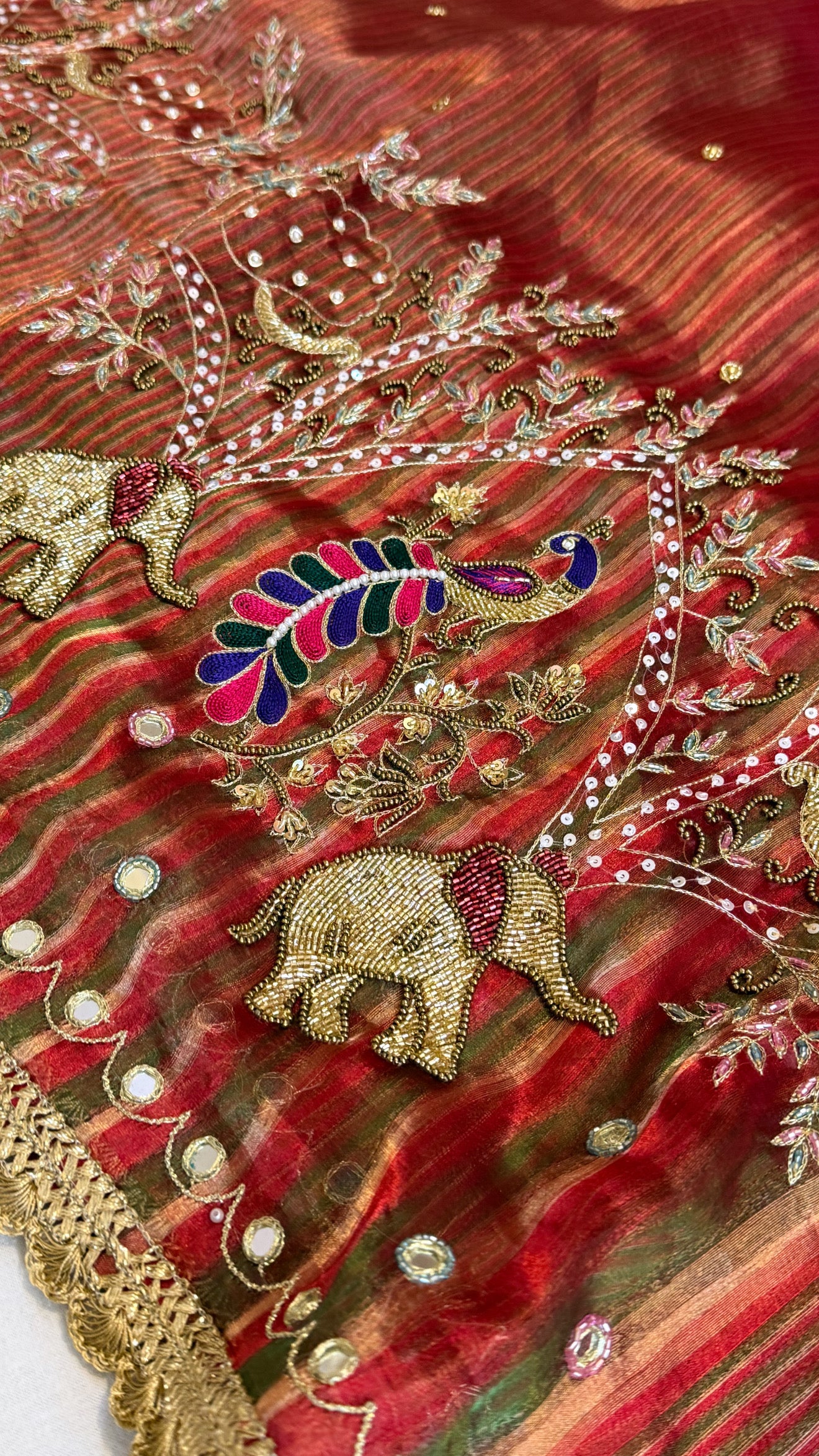 Hathi ghoda palki wali saree - Husn tissue silk hand embroidered saree