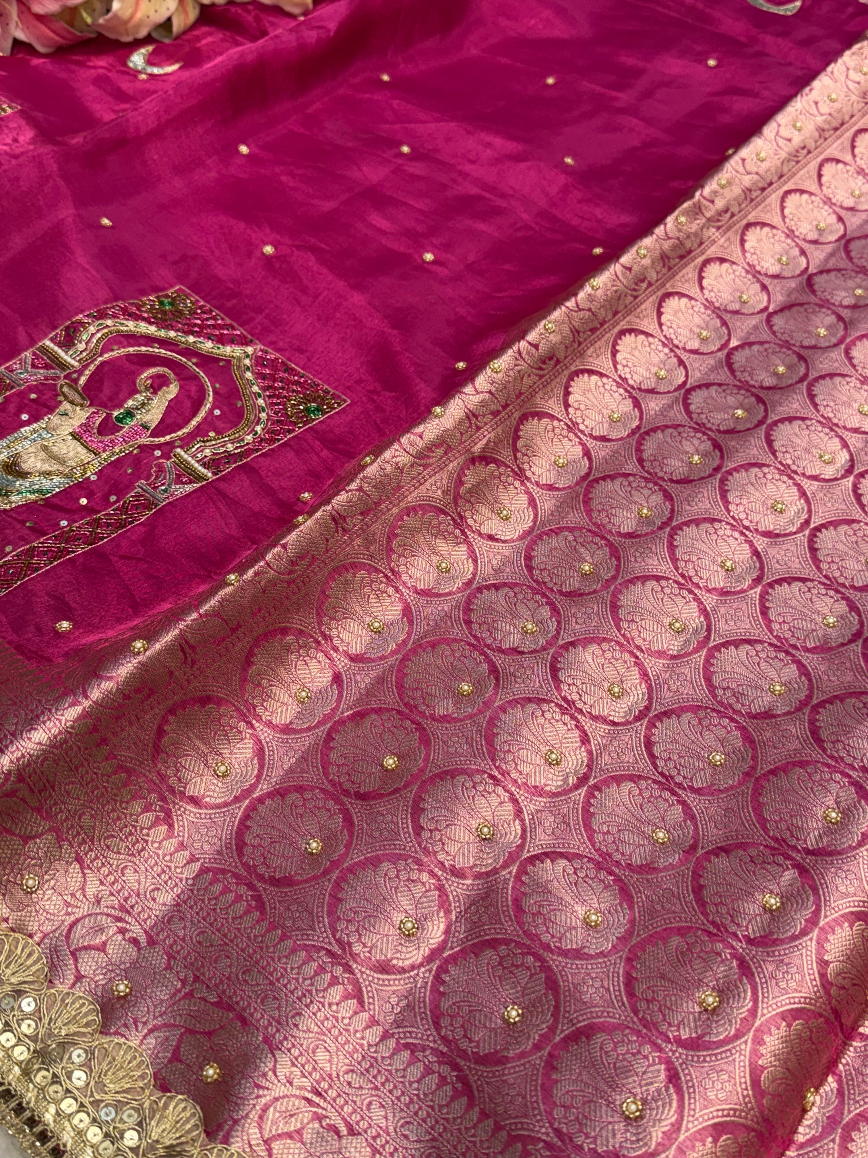 Karwachauth special - Hot metallic pink tissue silk hand embroidered meenakari saree